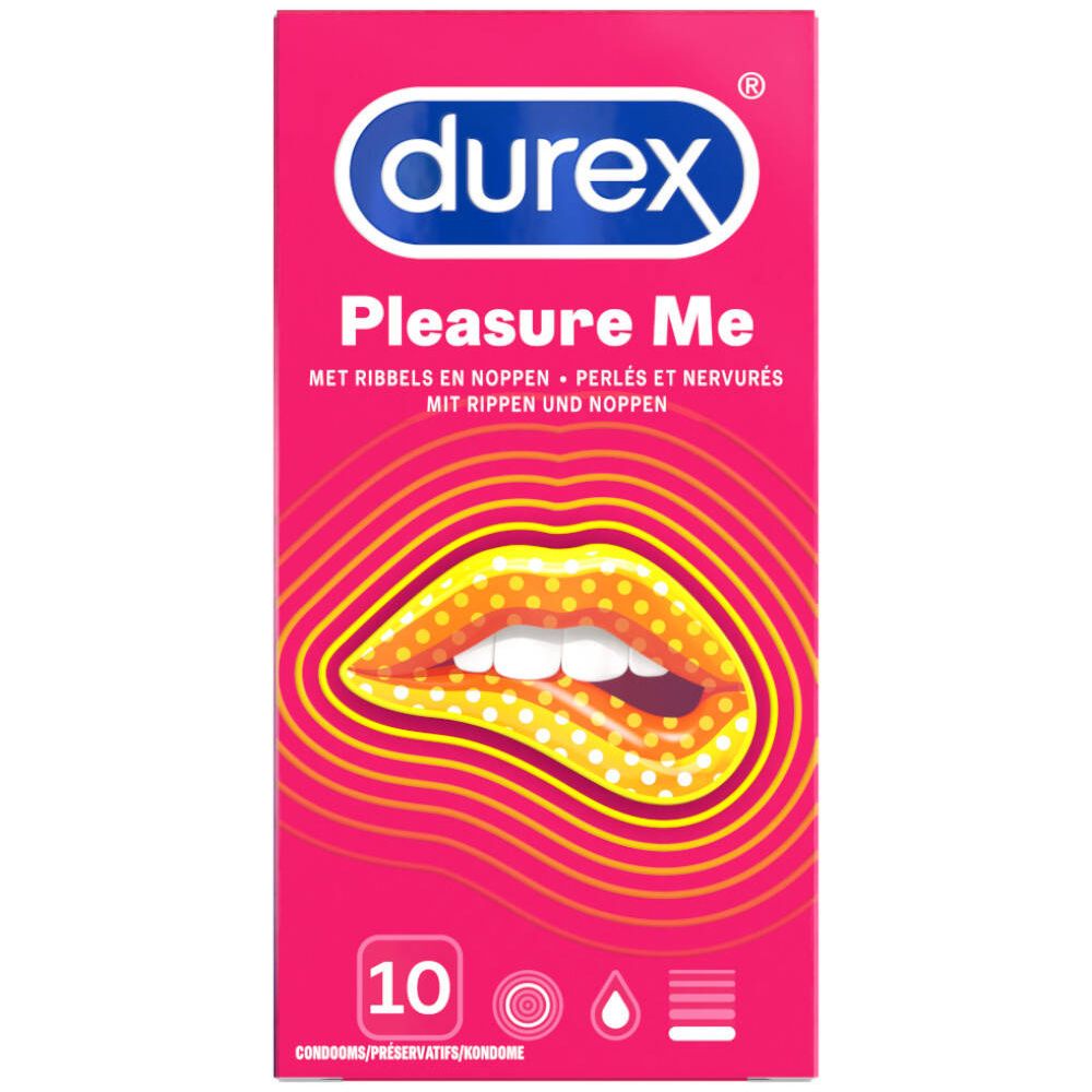 Boîte de préservatifs Durex Pleasure Me. Emballage rose avec motif de lèvres et 10 unités. Avec nervures et picots.