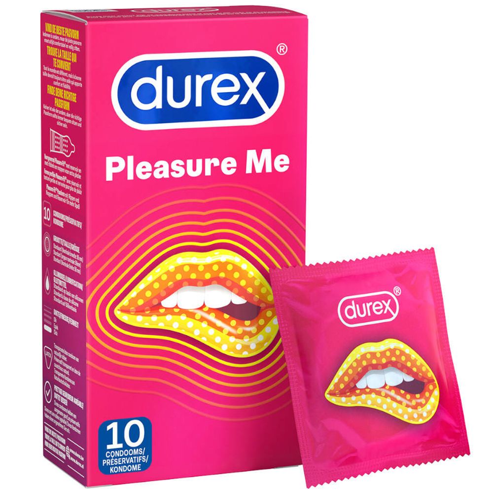Préservatifs Durex Pleasure Me. Emballage rose avec motif de lèvres et un préservatif individuel. Avec nervures et picots.