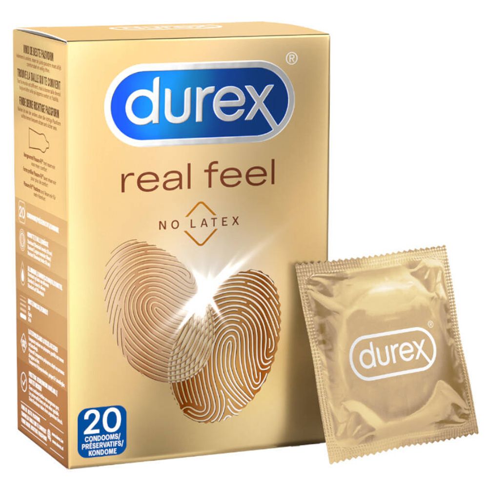 Boîte de 20 préservatifs Durex Real Feel et un préservatif individuel. Sans latex. Design empreintes digitales.