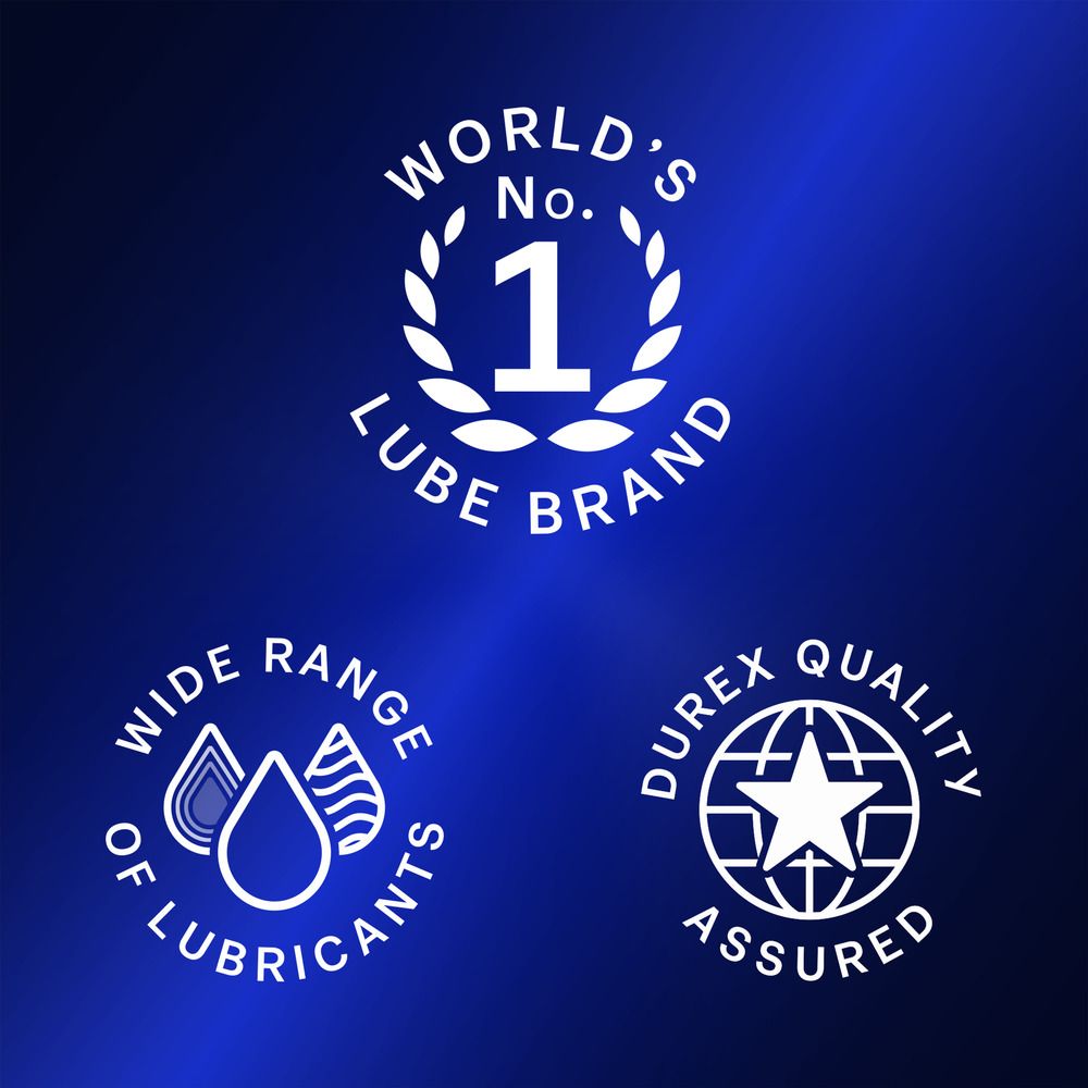 Badges: Wereldwijd nr. 1 glijmiddelmerk, breed assortiment glijmiddelen, Durex-kwaliteit.