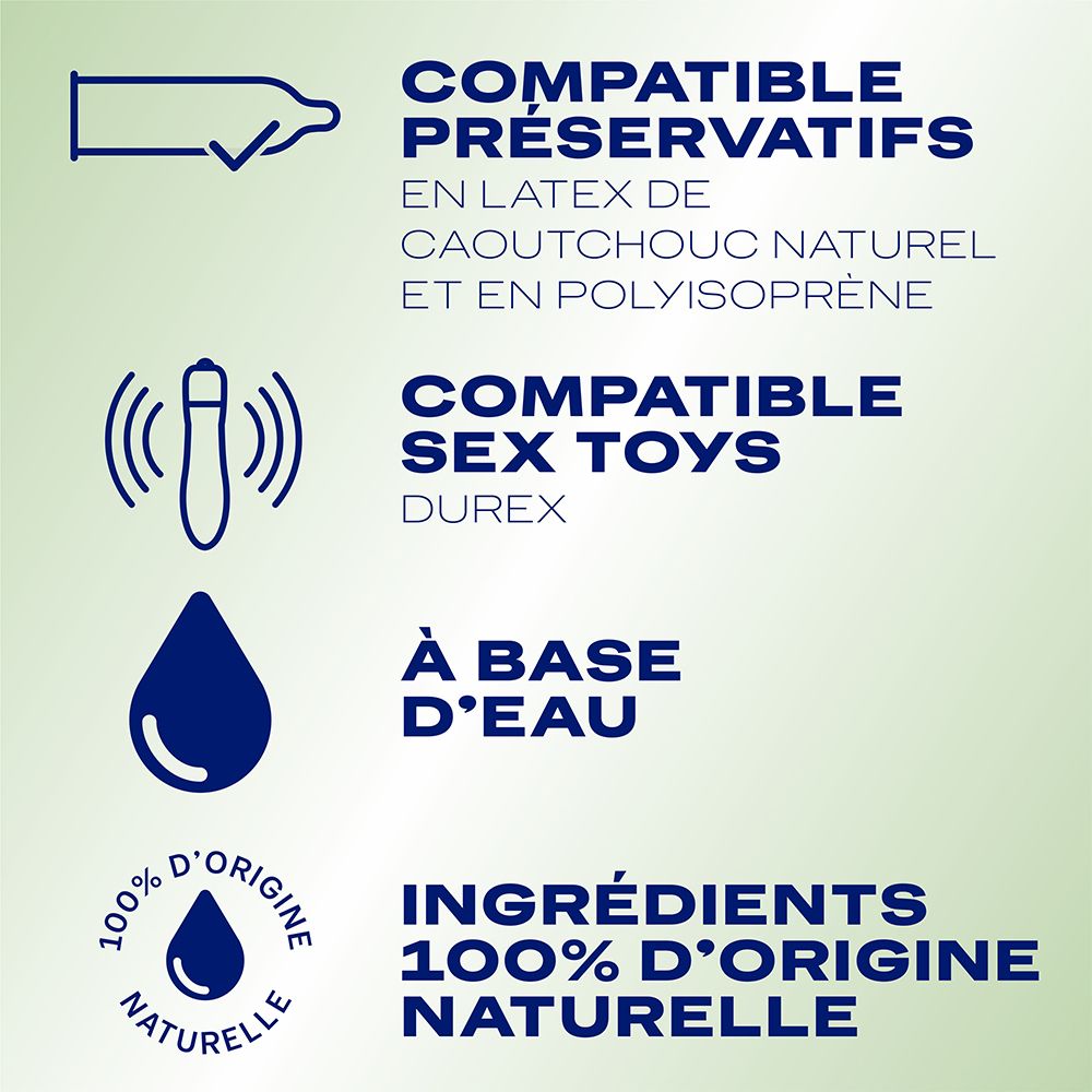 Tekst en symbolen op groene achtergrond. Compatibel met condooms, seksspeeltjes en op waterbasis. 100% natuurlijke ingrediënten.