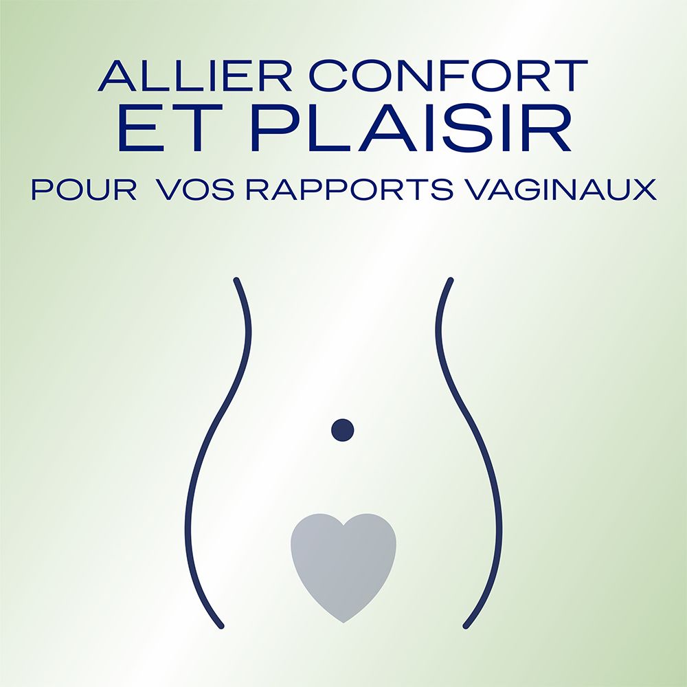 Illustratie van een lichaam met een hartsymbool. Tekst: 'Allier confort et plaisir pour vos rapports vaginaux'.