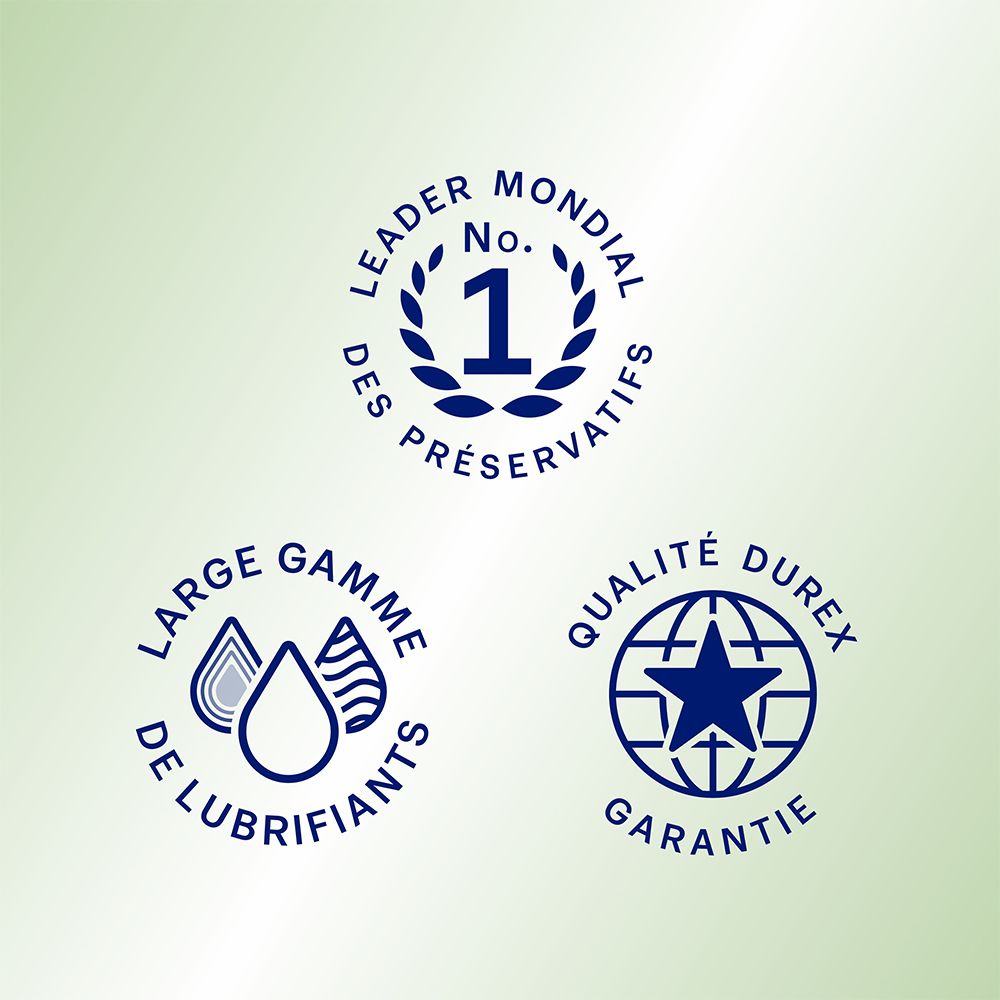 Drie logo's op groene achtergrond. 'Leader mondial des préservatifs', 'Large gamme de lubrifiants', 'Qualité Durex garantie'.