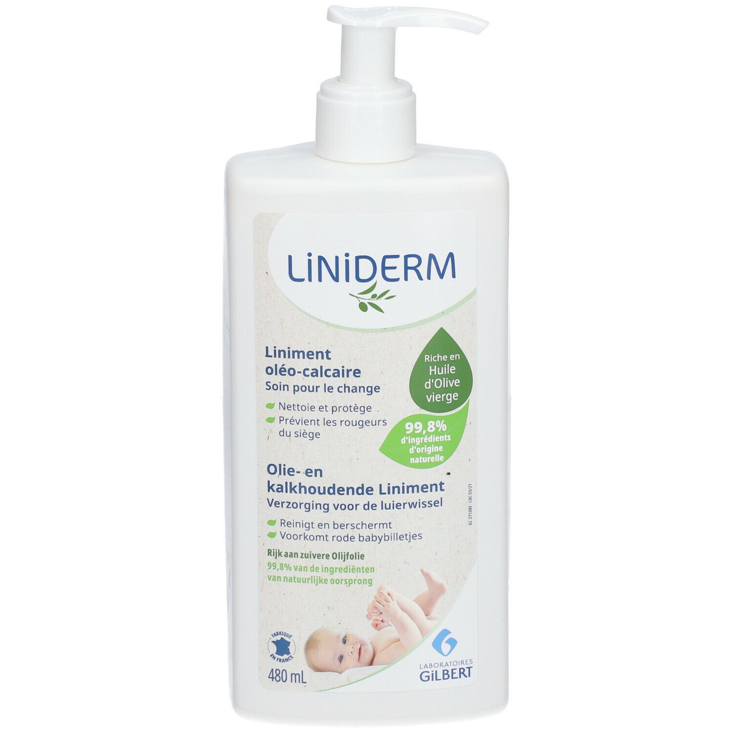 Weiße Flasche mit Pumpe. Aufschrift: LiNiDERM. Text: Liniment oléo-calcaire. Enthält Olivenöl. Babyabbildung.