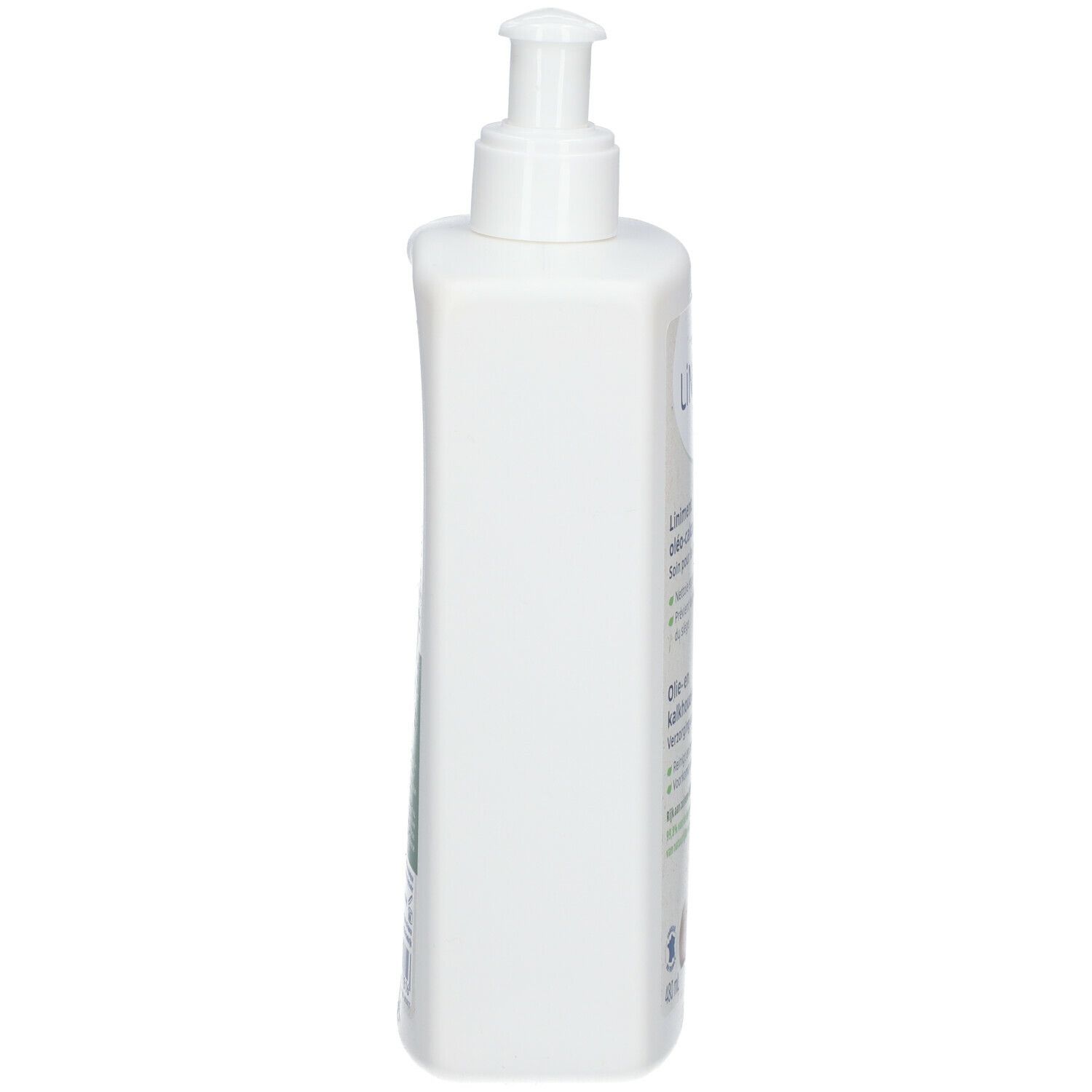 Weiße Flasche mit Pumpe. Seitenansicht. Aufschrift: LiNiDERM. Text teilweise sichtbar.