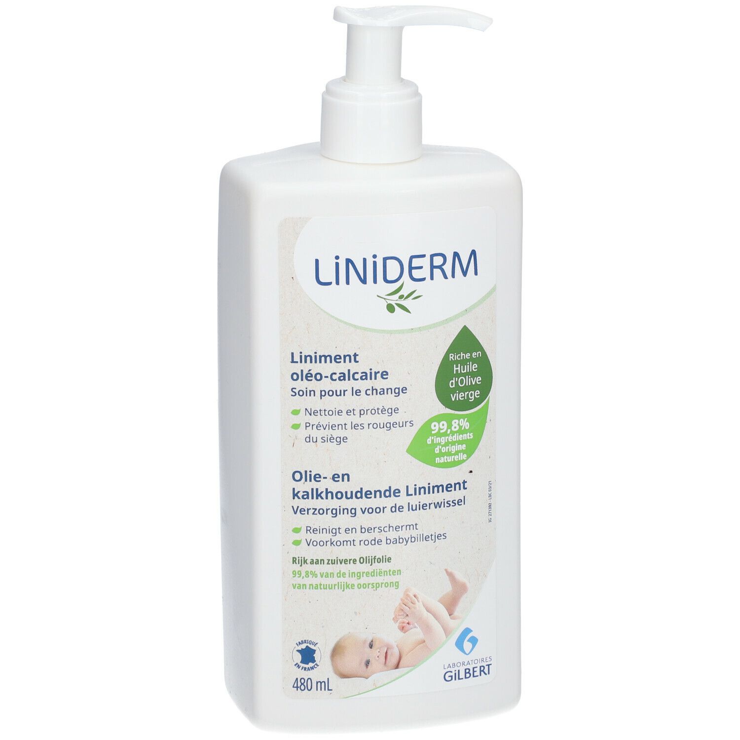 Weiße Flasche mit Pumpe. Aufschrift: LiNiDERM. Text: Liniment oléo-calcaire. Enthält Olivenöl. Babyabbildung.
