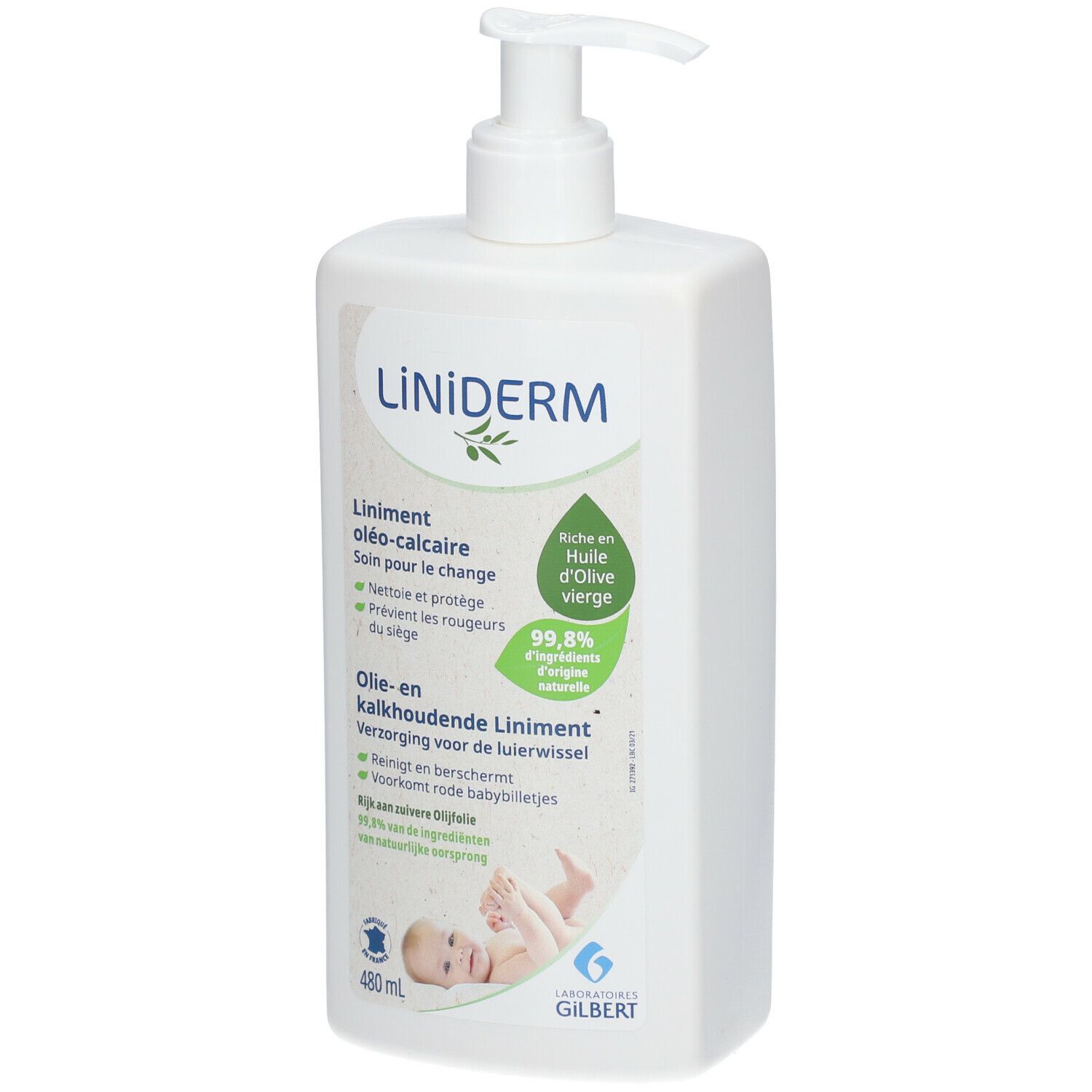 Weiße Flasche mit Pumpe. Aufschrift: LiNiDERM. Text: Liniment oléo-calcaire. Enthält Olivenöl. Babyabbildung.
