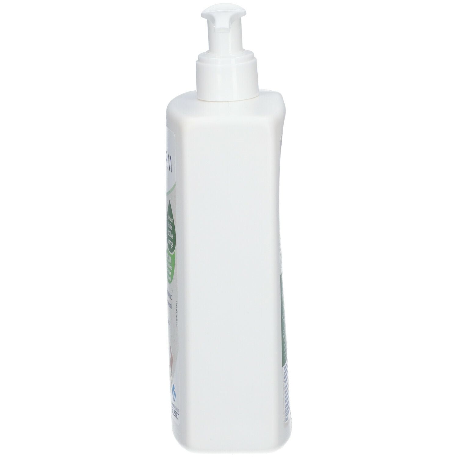 Weiße Flasche mit Pumpe. Seitenansicht. Aufschrift: LiNiDERM. Text teilweise sichtbar.