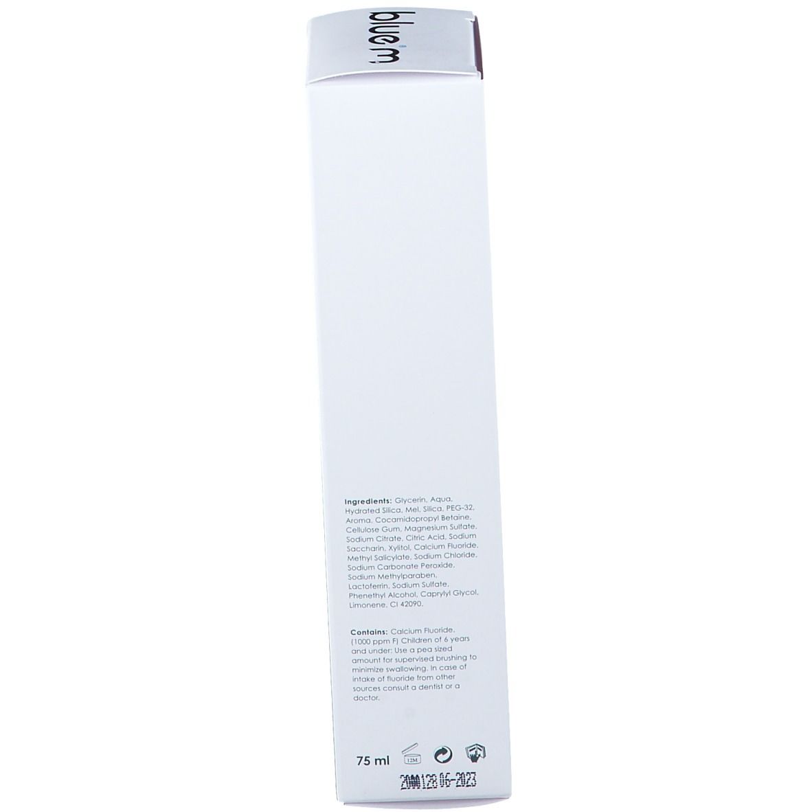 Rückseite der Schachtel. Enthält Inhaltsstoffe und Text. Aufschrift: 75 ml.