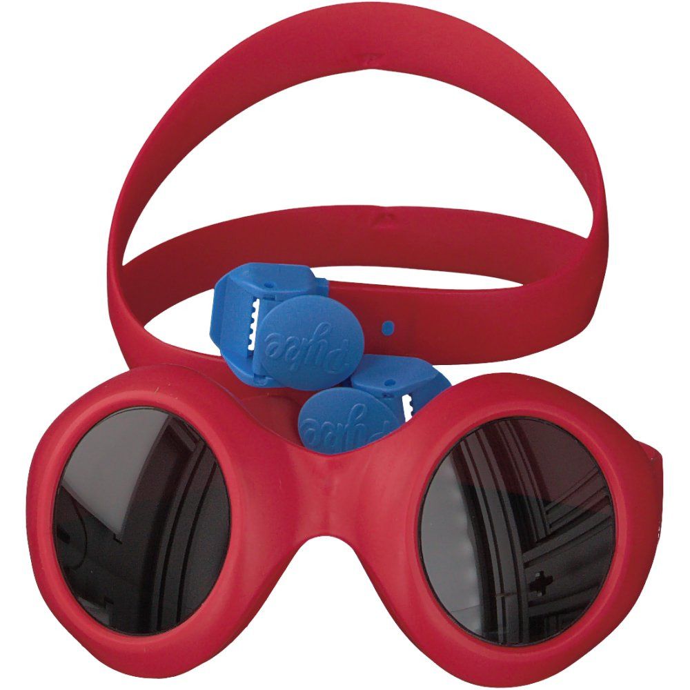 Lunettes de soleil rouges pour bébé, verres ronds, bandeau rouge. Clips bleus avec texte.