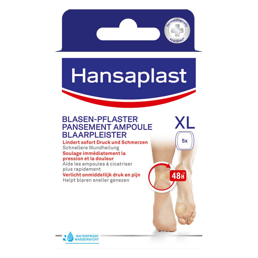 Paquet Hansaplast Pansement Ampoule XL. Contient 5 pansements. Inscriptions: Pansement ampoule, soulage pression et douleur, 48h.