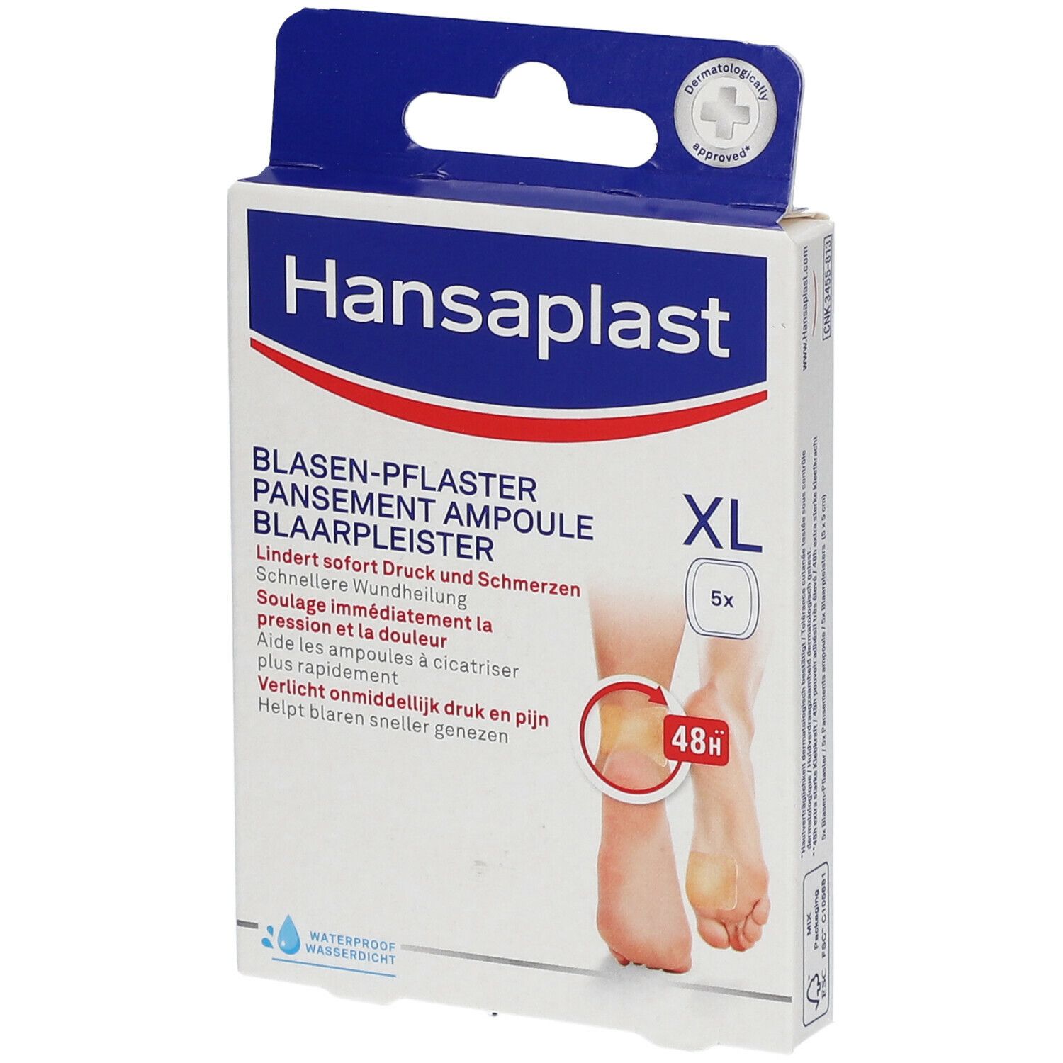 Boîte Hansaplast Pansement Ampoule XL. Contient 5 pansements. Inscriptions: Pansement ampoule, soulage pression et douleur, 48h.