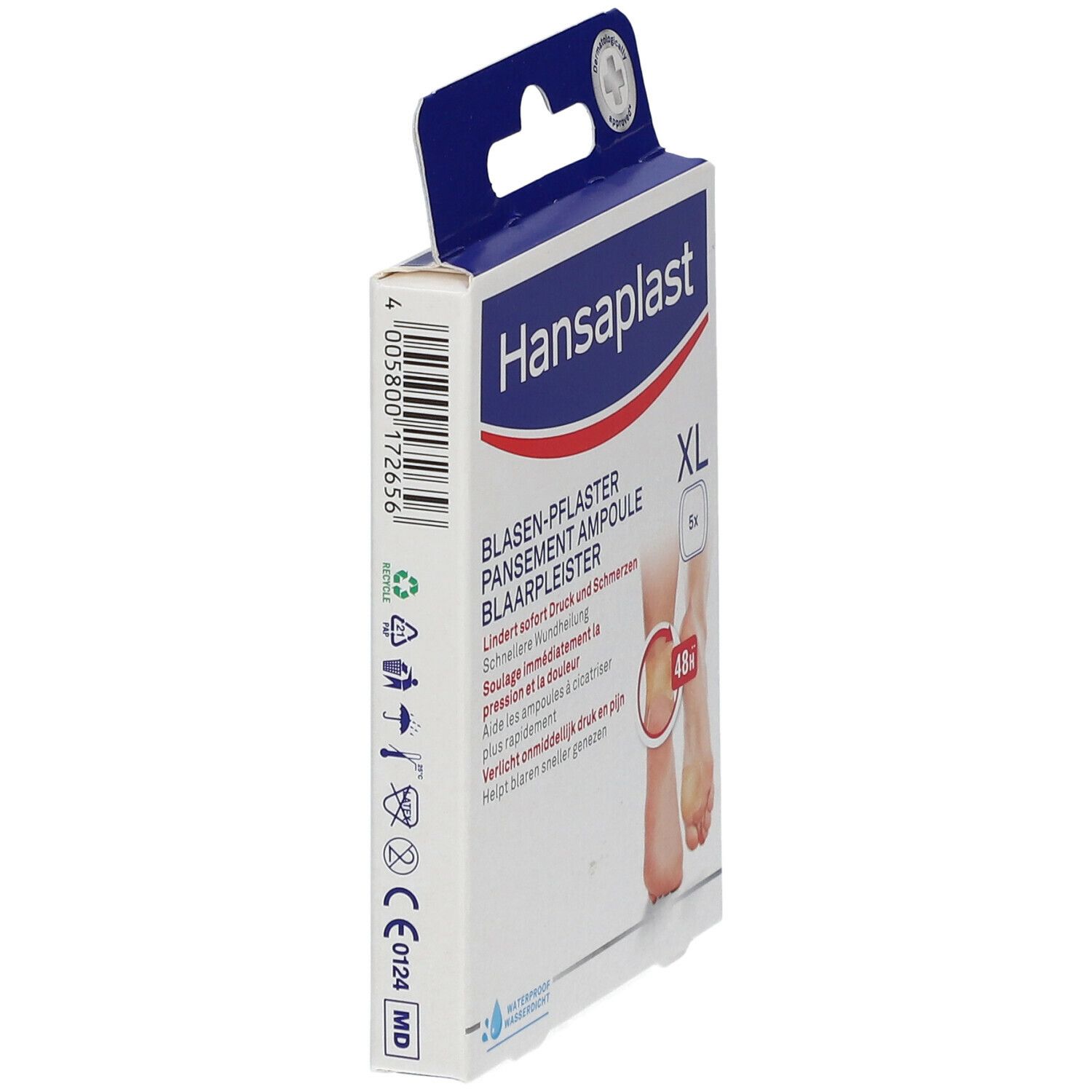 Boîte Hansaplast Pansement Ampoule XL, vue latérale. Inscriptions: Pansement ampoule, soulage pression et douleur, 48h. Contient 5 pansements.