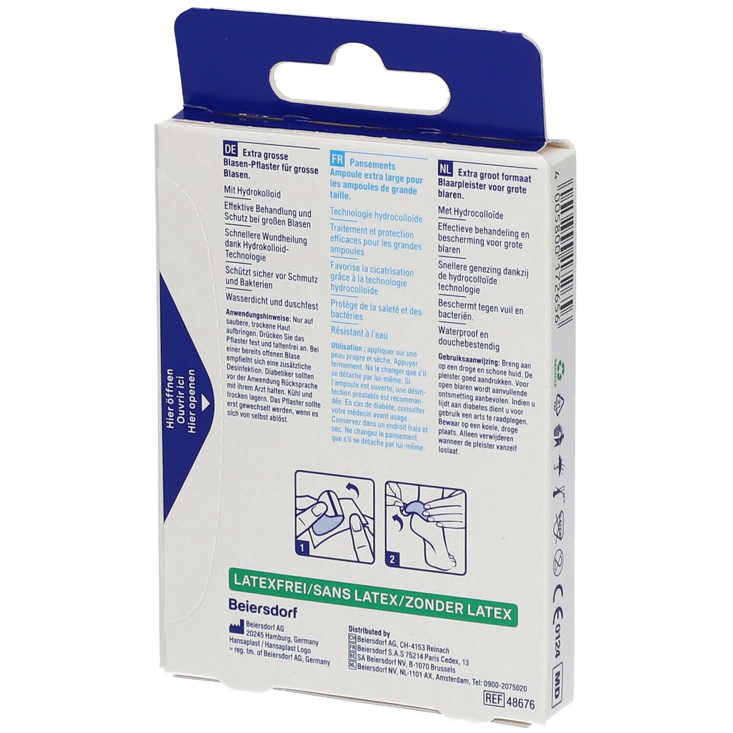 Dos de la boîte Hansaplast Pansement Ampoule XL. Texte en allemand, français et néerlandais. Sans latex.