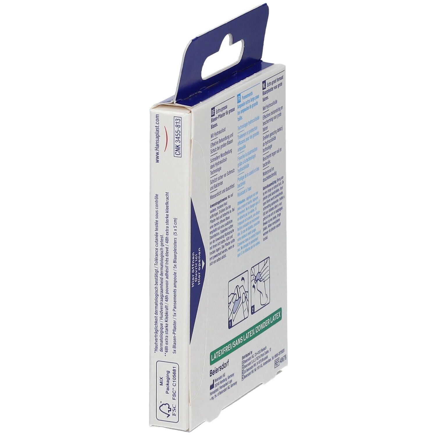 Vue latérale de la boîte Hansaplast Pansement Ampoule XL. Texte en allemand, français et néerlandais. Sans latex.