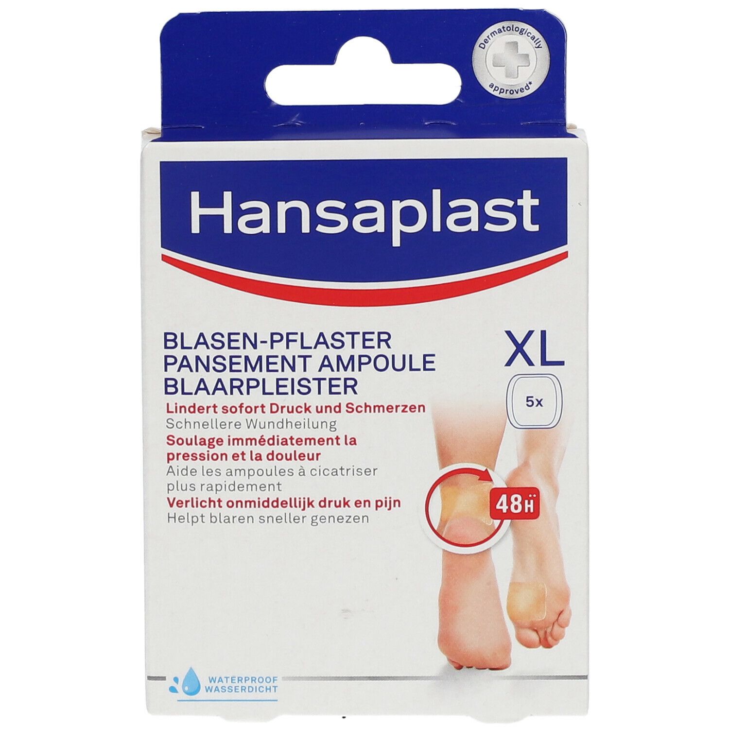 Boîte Hansaplast Pansement Ampoule XL. Contient 5 pansements. Inscriptions: Pansement ampoule, soulage pression et douleur, 48h.