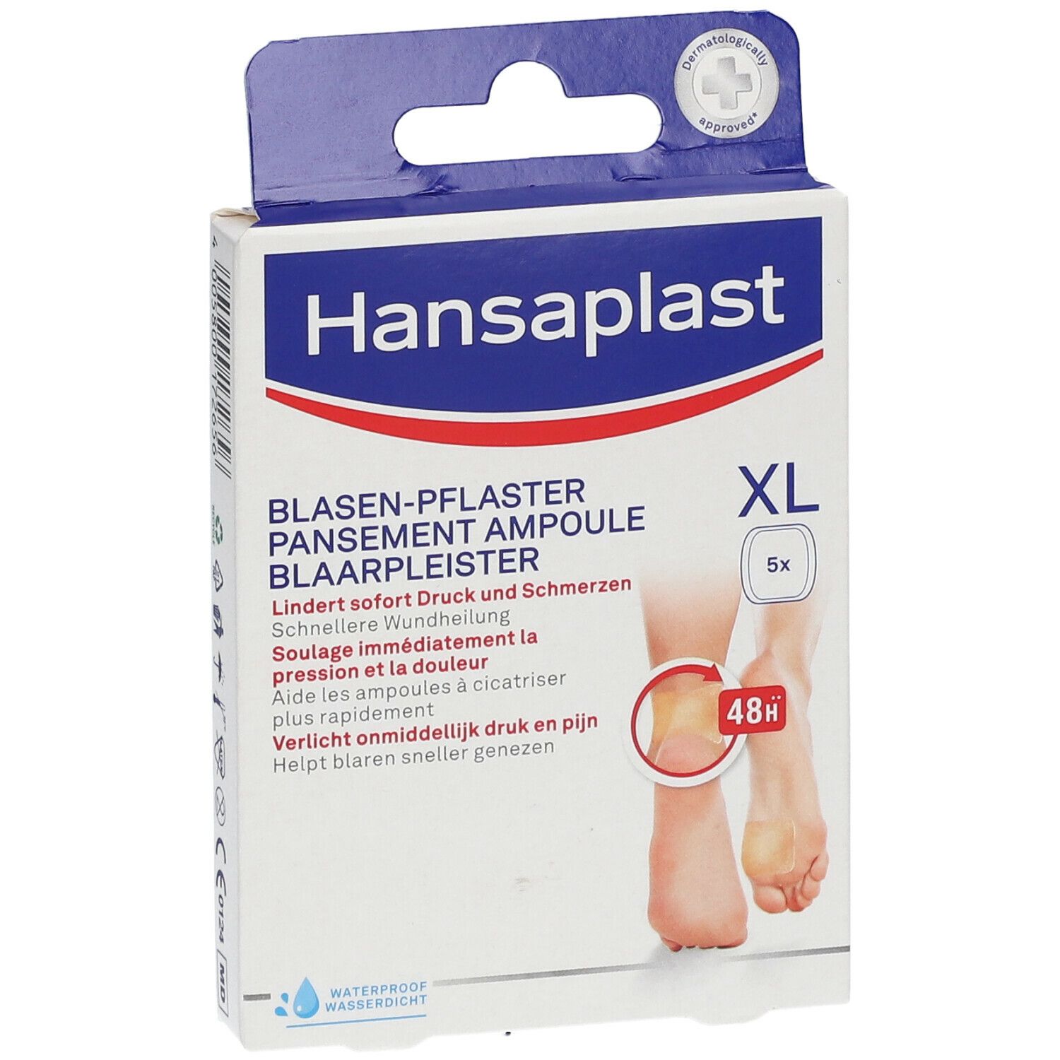 Boîte Hansaplast Pansement Ampoule XL. Contient 5 pansements. Inscriptions: Pansement ampoule, soulage pression et douleur, 48h.
