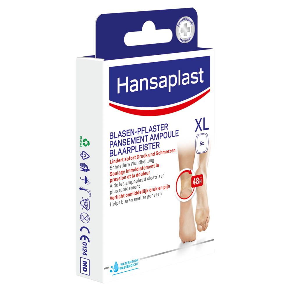 Paquet Hansaplast Pansement Ampoule XL. Contient 5 pansements. Inscriptions: Pansement ampoule, soulage pression et douleur, 48h.