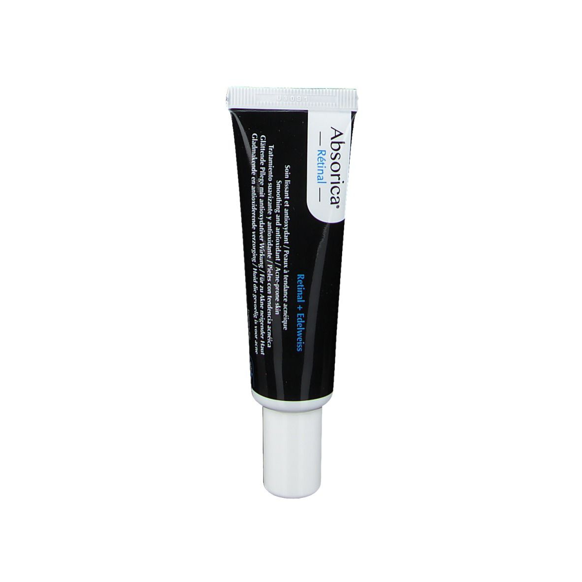 Schwarze Tube mit weißem Deckel. Aufschrift: Absorica Rétinal. Text in mehreren Sprachen.