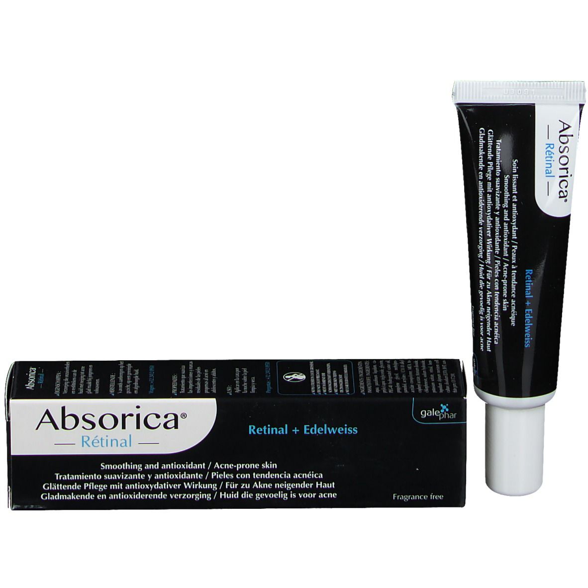 Schwarze Schachtel und Tube. Aufschrift: Absorica Rétinal. Text in mehreren Sprachen.