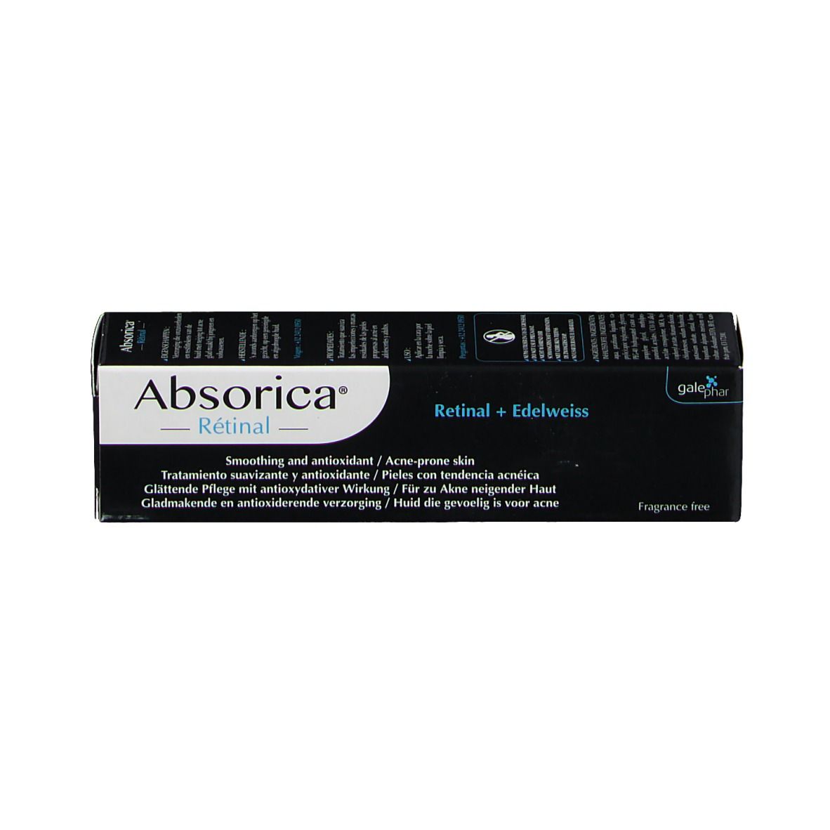 Schwarze Schachtel. Aufschrift: Absorica Rétinal. Text in mehreren Sprachen.