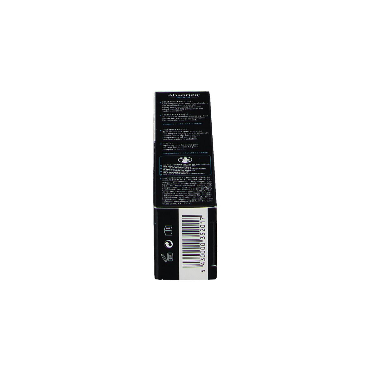 Schwarze Schachtel. Text in mehreren Sprachen. Aufschrift: Absorica.