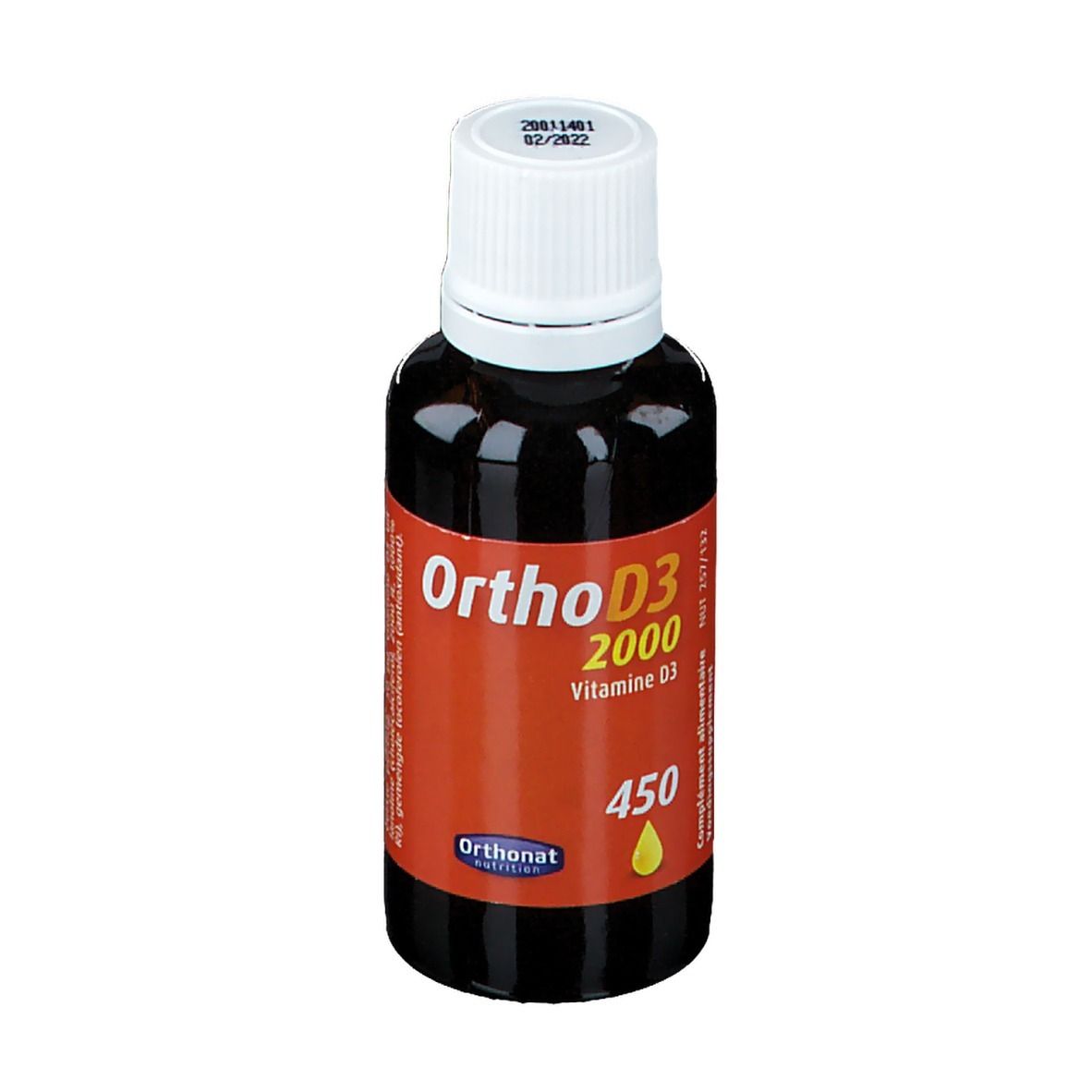 Flacon brun, bouchon blanc. Étiquette "Ortho D3 2000". Symbole goutte. Marque : Orthonat.