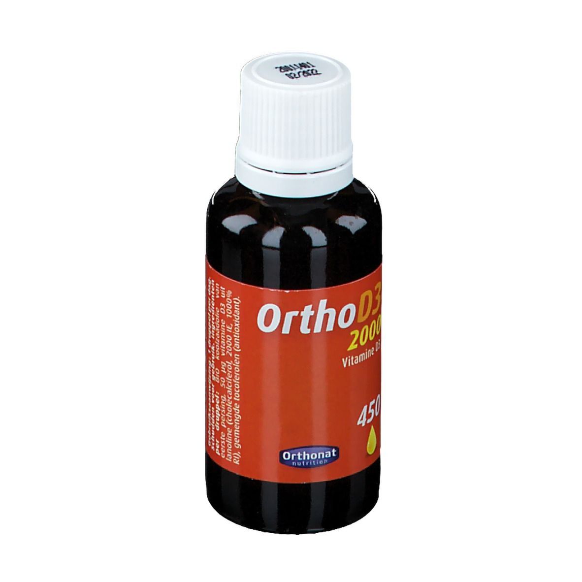 Flacon brun, bouchon blanc. Étiquette "Ortho D3 2000". Symbole goutte. Marque : Orthonat.