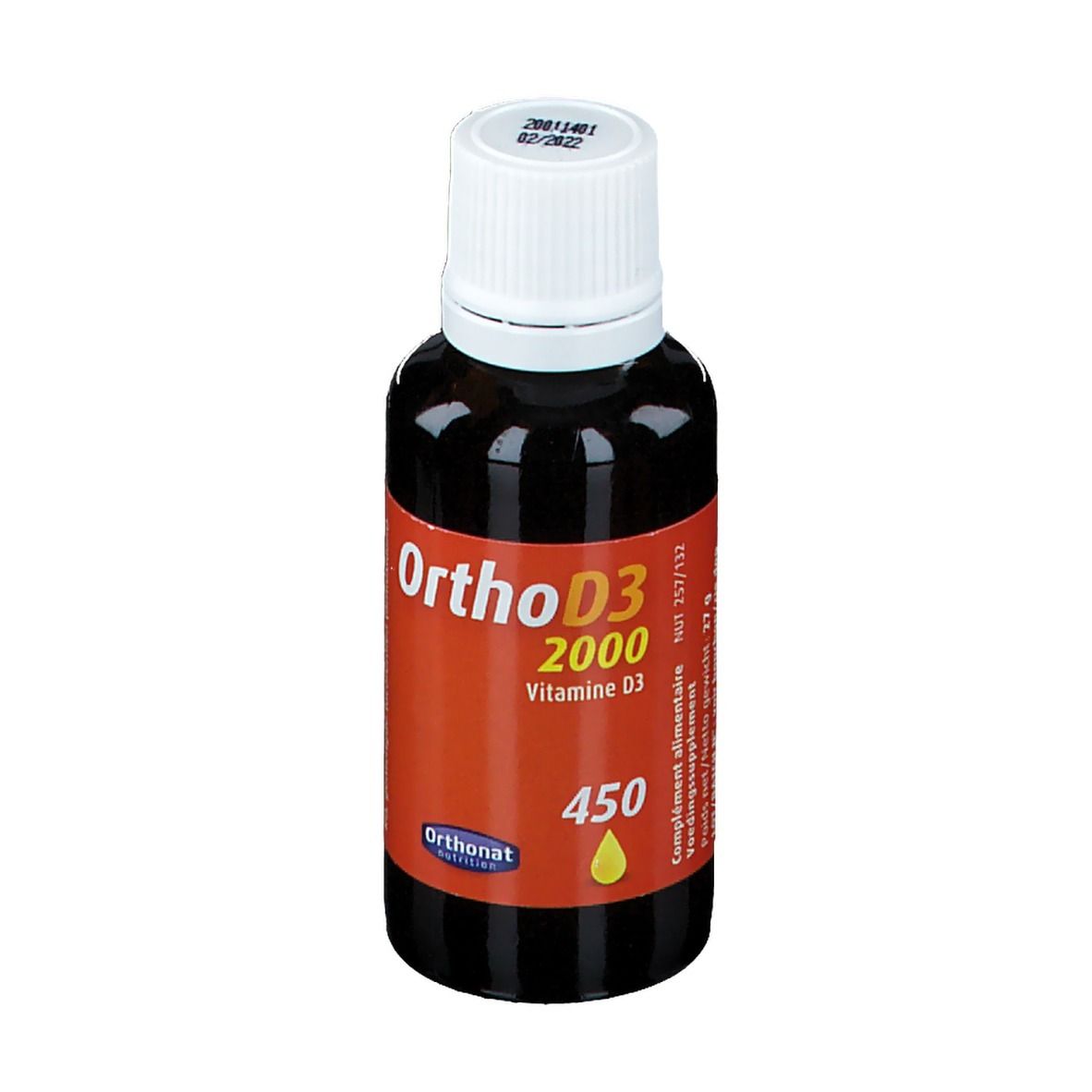 Flacon brun, bouchon blanc. Étiquette "Ortho D3 2000". Symbole goutte. Marque : Orthonat.