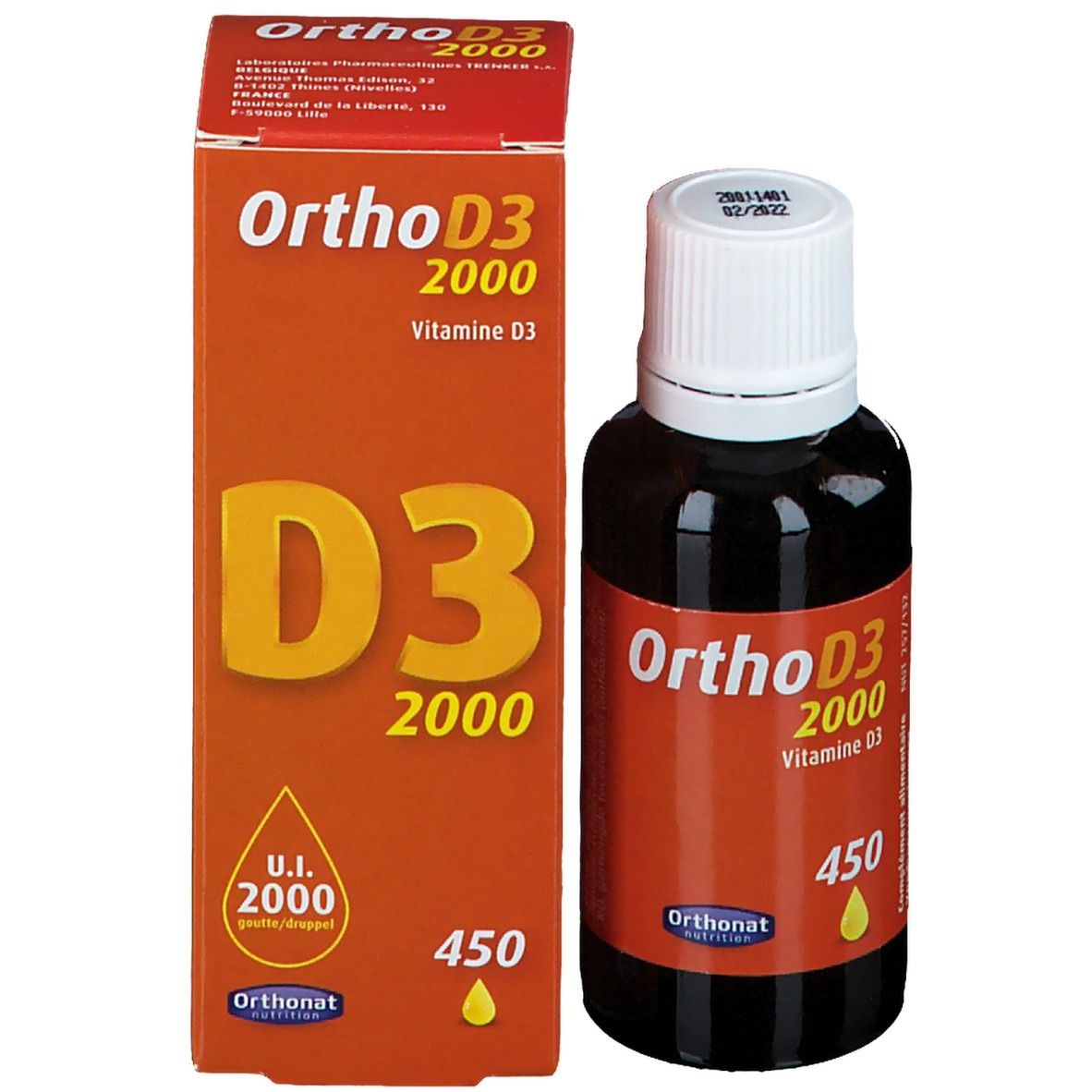 Flacon et emballage. Inscription "Ortho D3 2000". Symbole goutte. Marque : Orthonat.