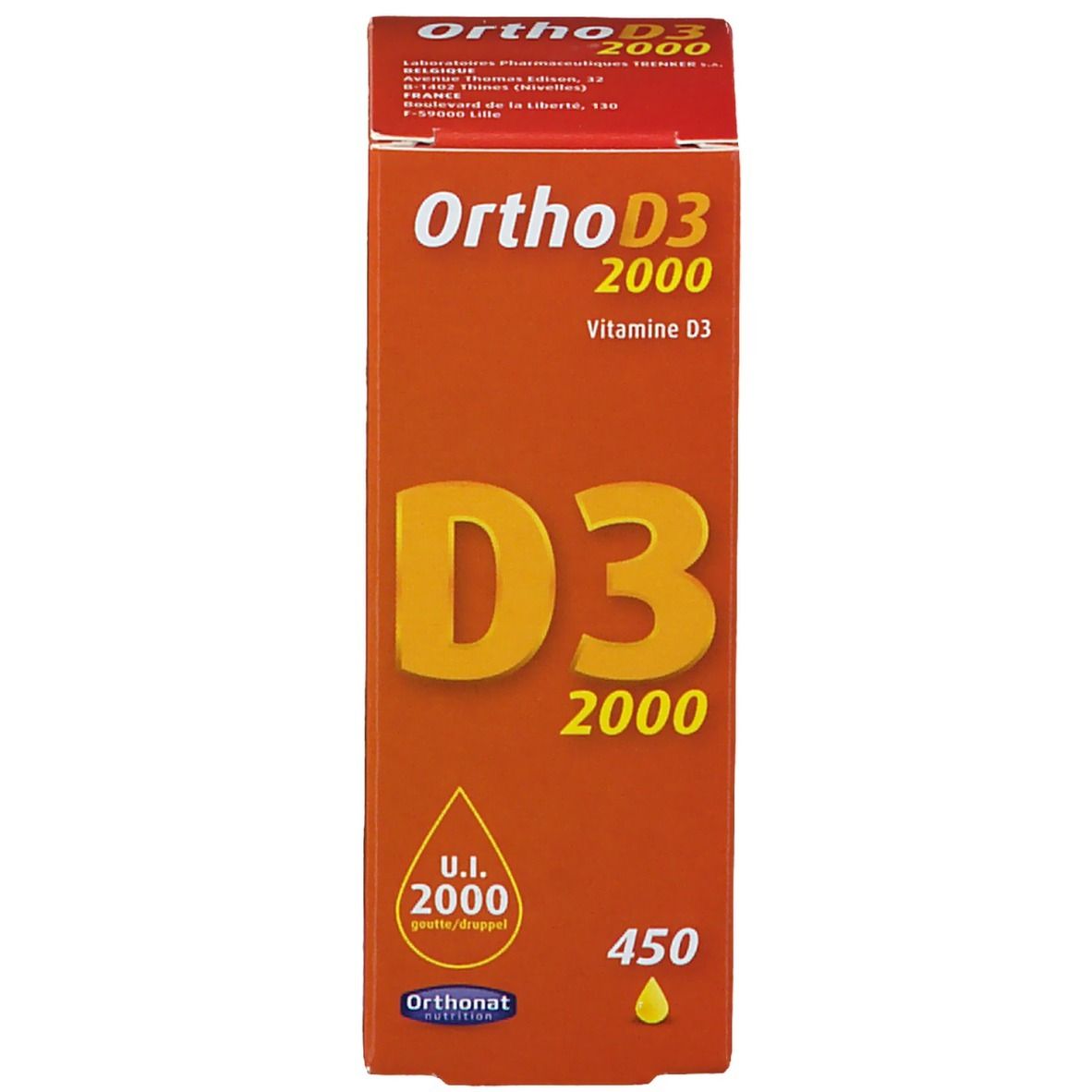 Emballage du produit. Inscription "Ortho D3 2000". Symbole goutte. Marque : Orthonat.