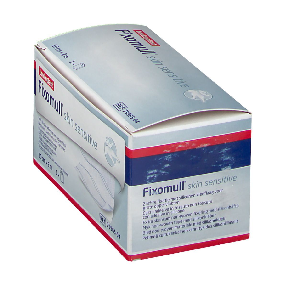 Emballage Fixomull skin sensitive. Rouleau de 10 cm x 2 m. Informations multilingues sur l'emballage.