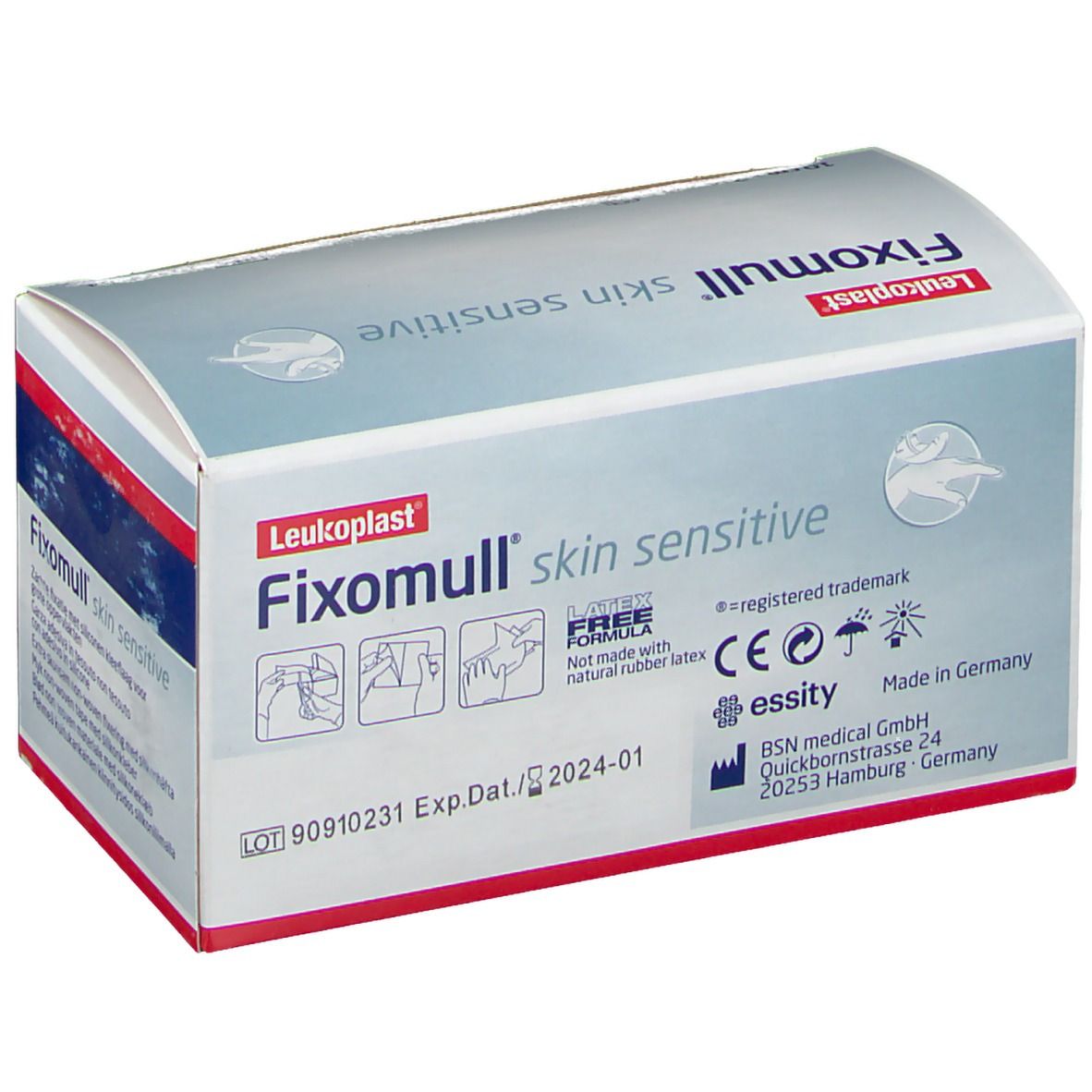 Emballage Fixomull skin sensitive. Informations sur les ingrédients et le fabricant. Marquage CE.