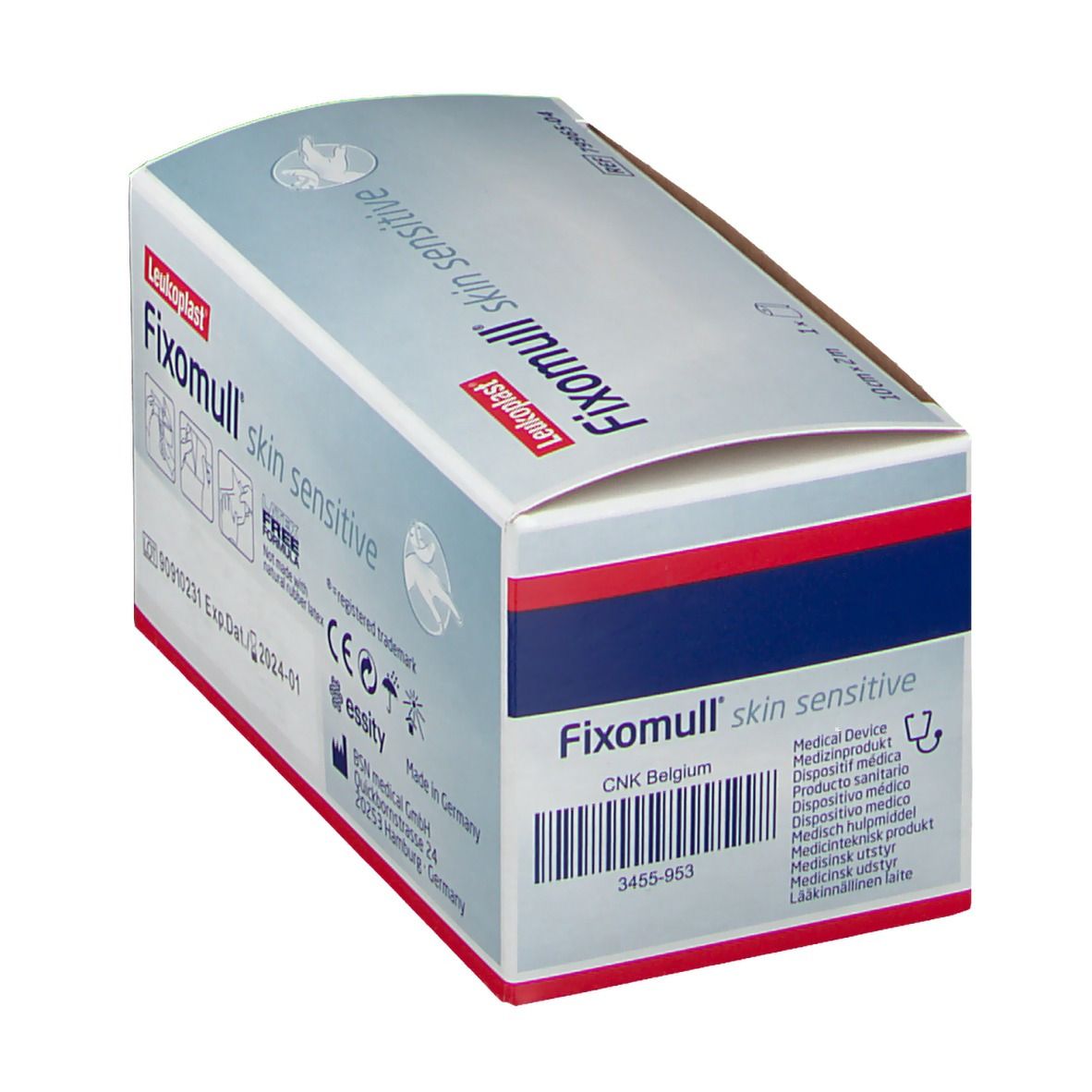 Emballage Fixomull skin sensitive. Informations sur le fabricant et les certifications. CNK Belgique.