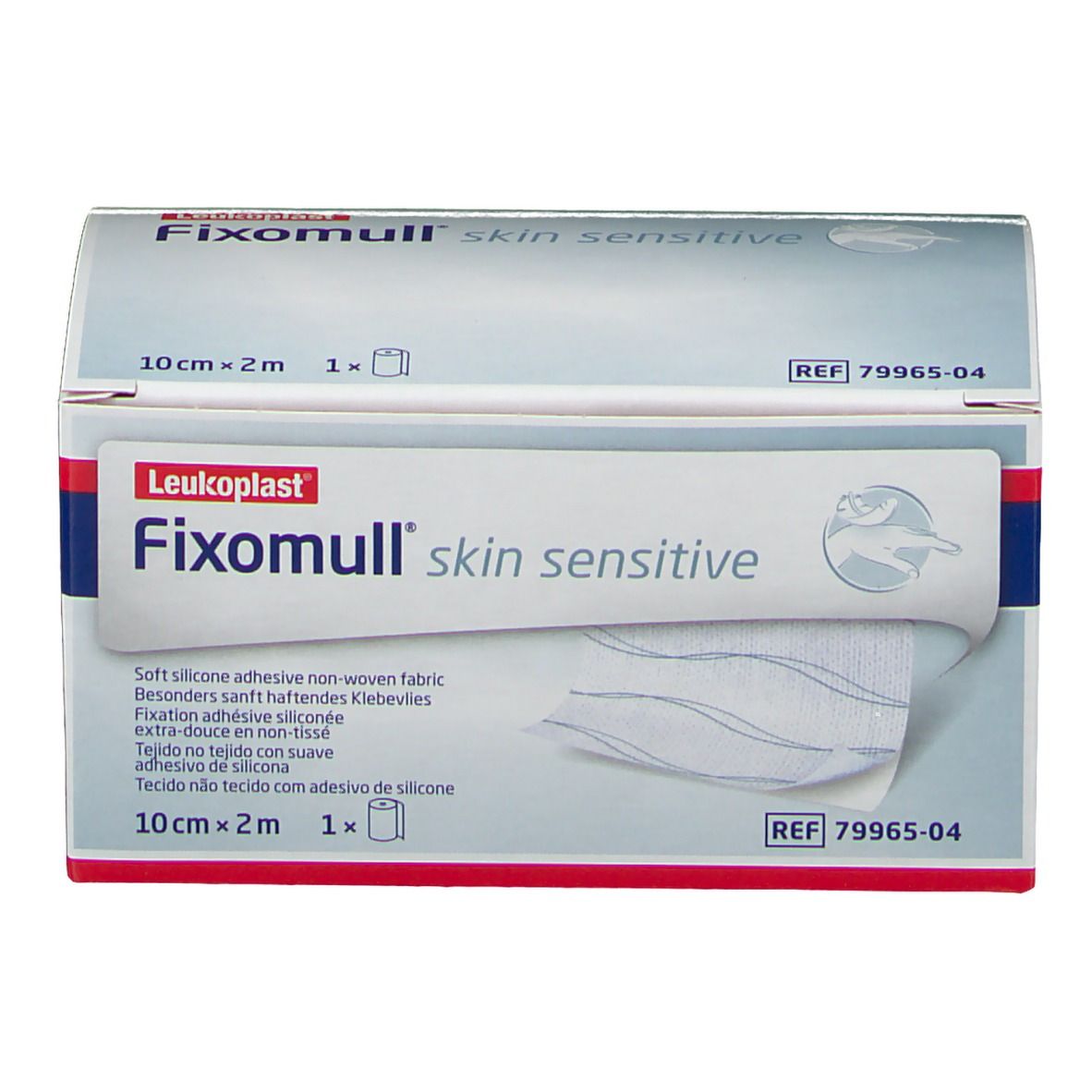 Rouleau Fixomull skin sensitive dans l'emballage. 10 cm x 2 m. Informations produit et numéro REF.