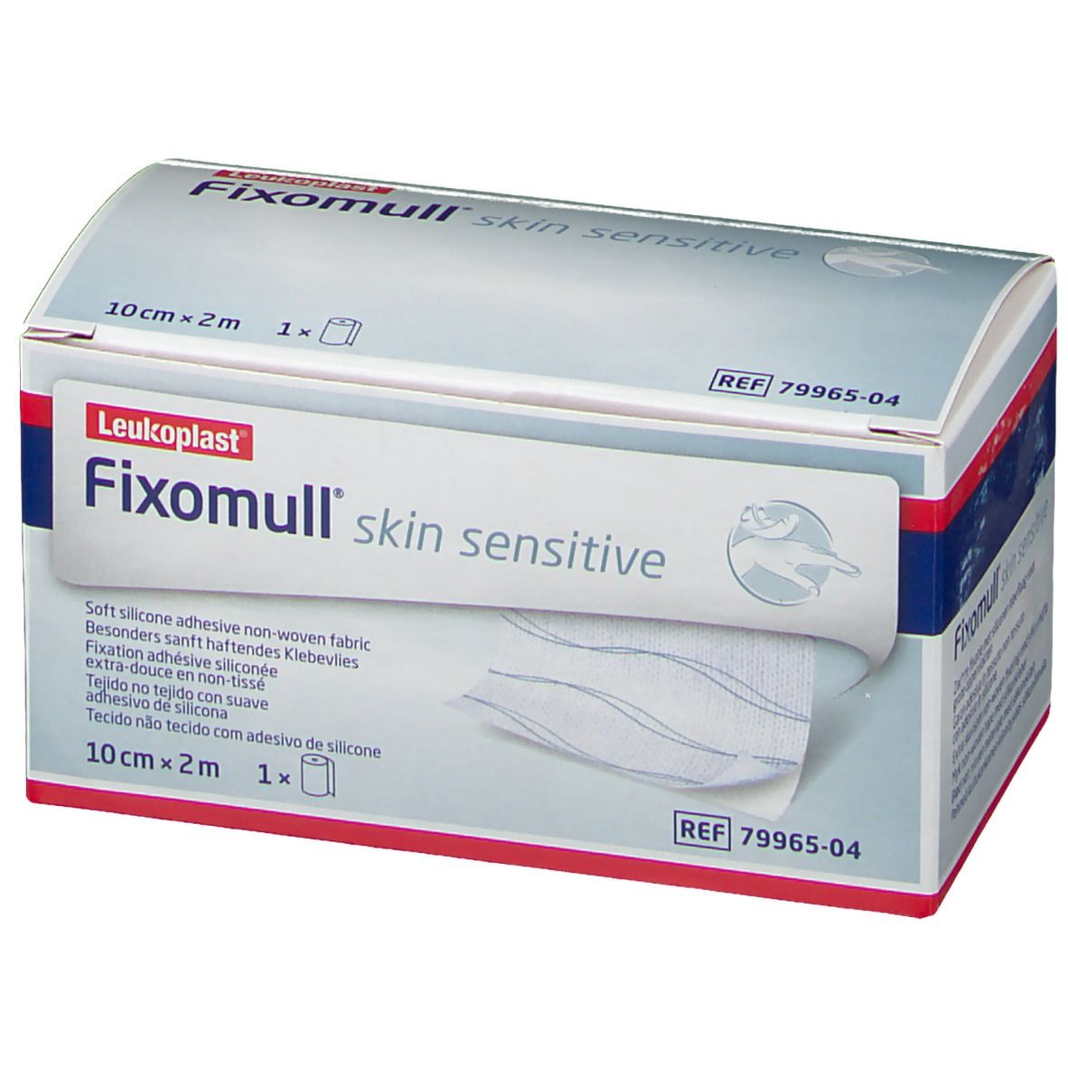 Rouleau Fixomull skin sensitive dans l'emballage. 10 cm x 2 m. Informations produit et numéro REF.