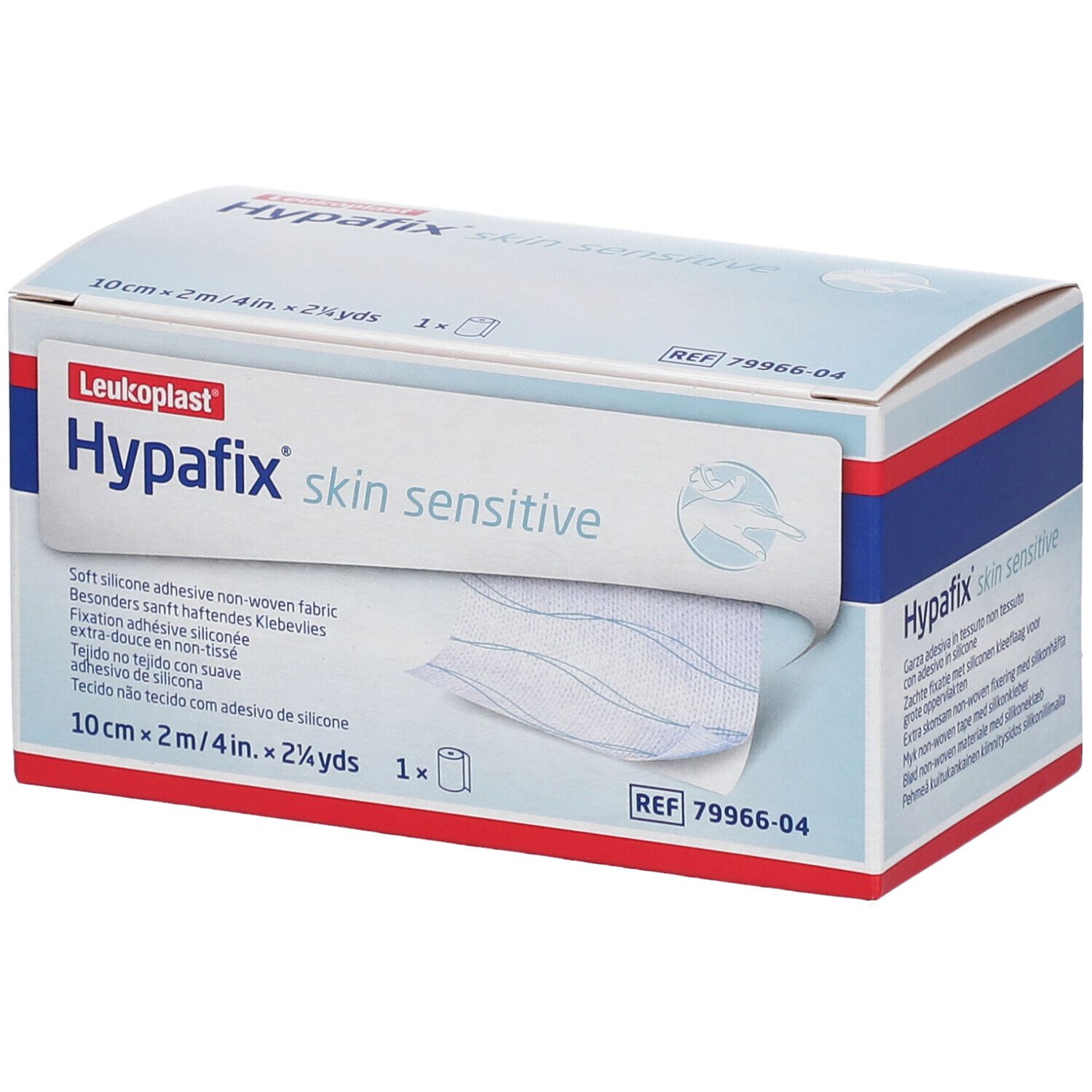 Boîte de Hypafix skin sensitive. Contient 1 rouleau. Inscription : 10 cm x 2 m, adhésif silicone doux.