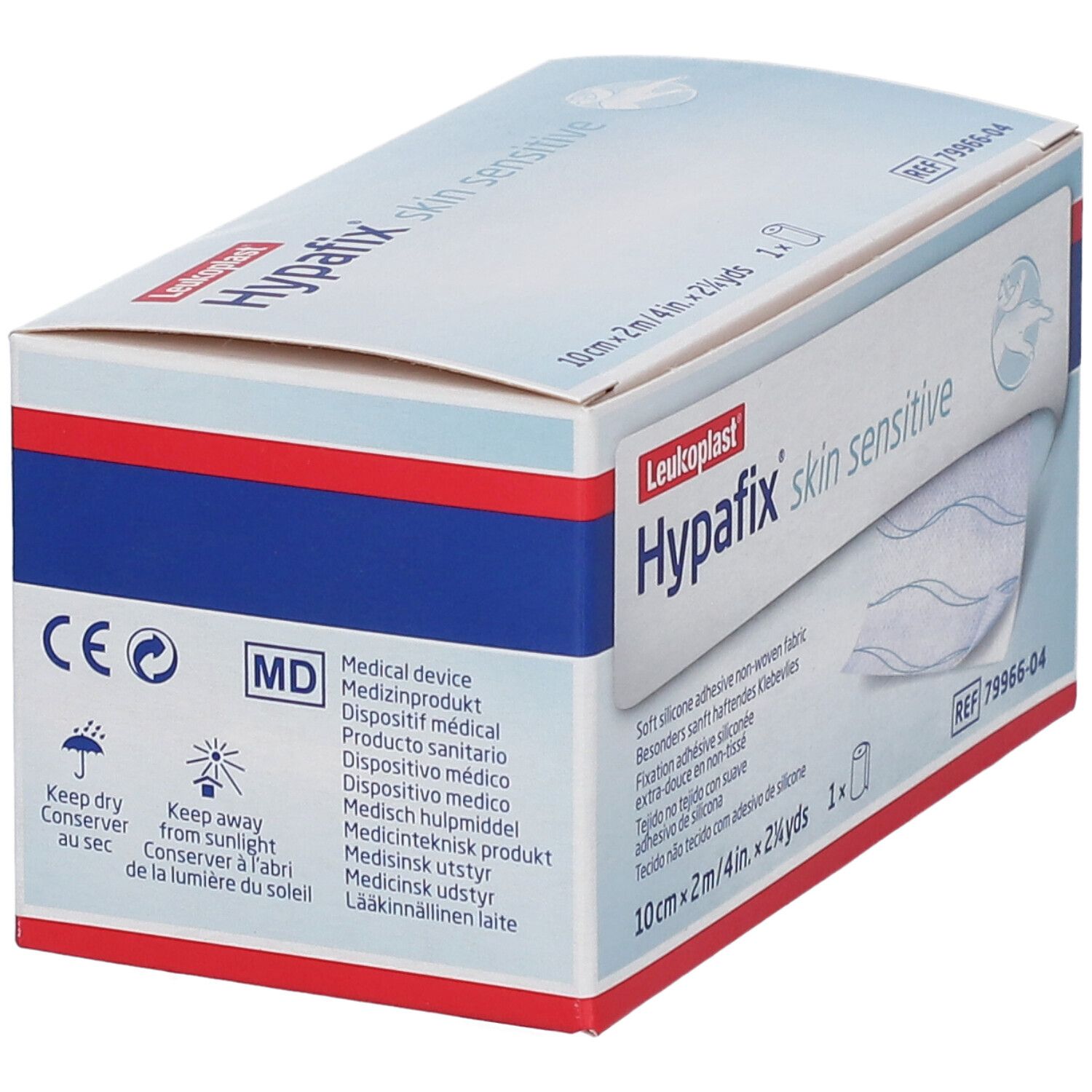 Boîte de Hypafix skin sensitive. Dispositif médical. Inscription : 10 cm x 2 m, adhésif silicone doux.