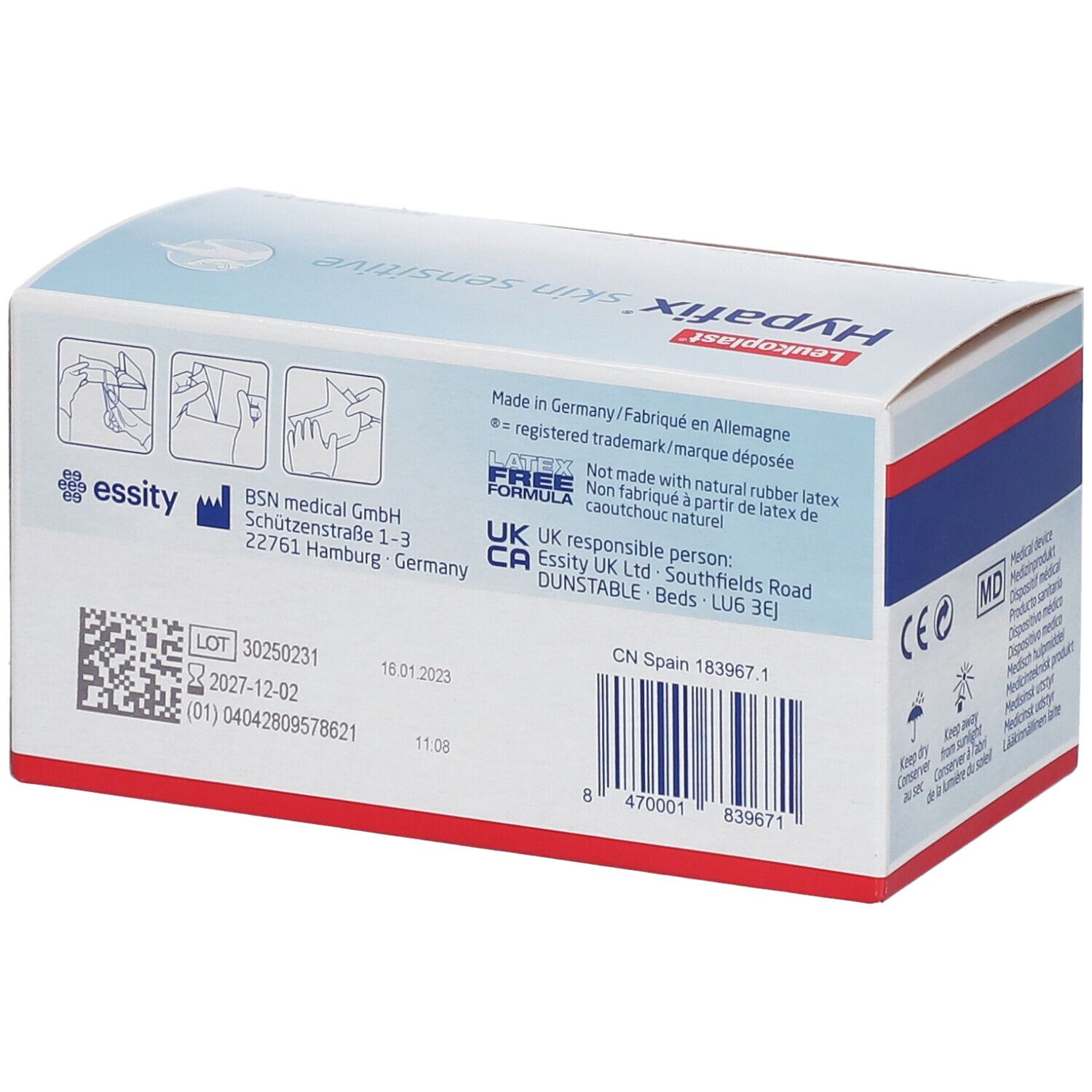 Dos de la boîte Hypafix skin sensitive. Informations fabricant, adresse, numéro de lot et date de péremption.