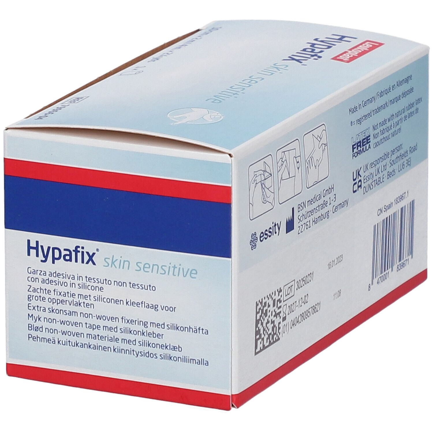 Dos de la boîte Hypafix skin sensitive. Informations fabricant, adresse, numéro de lot et date de péremption.