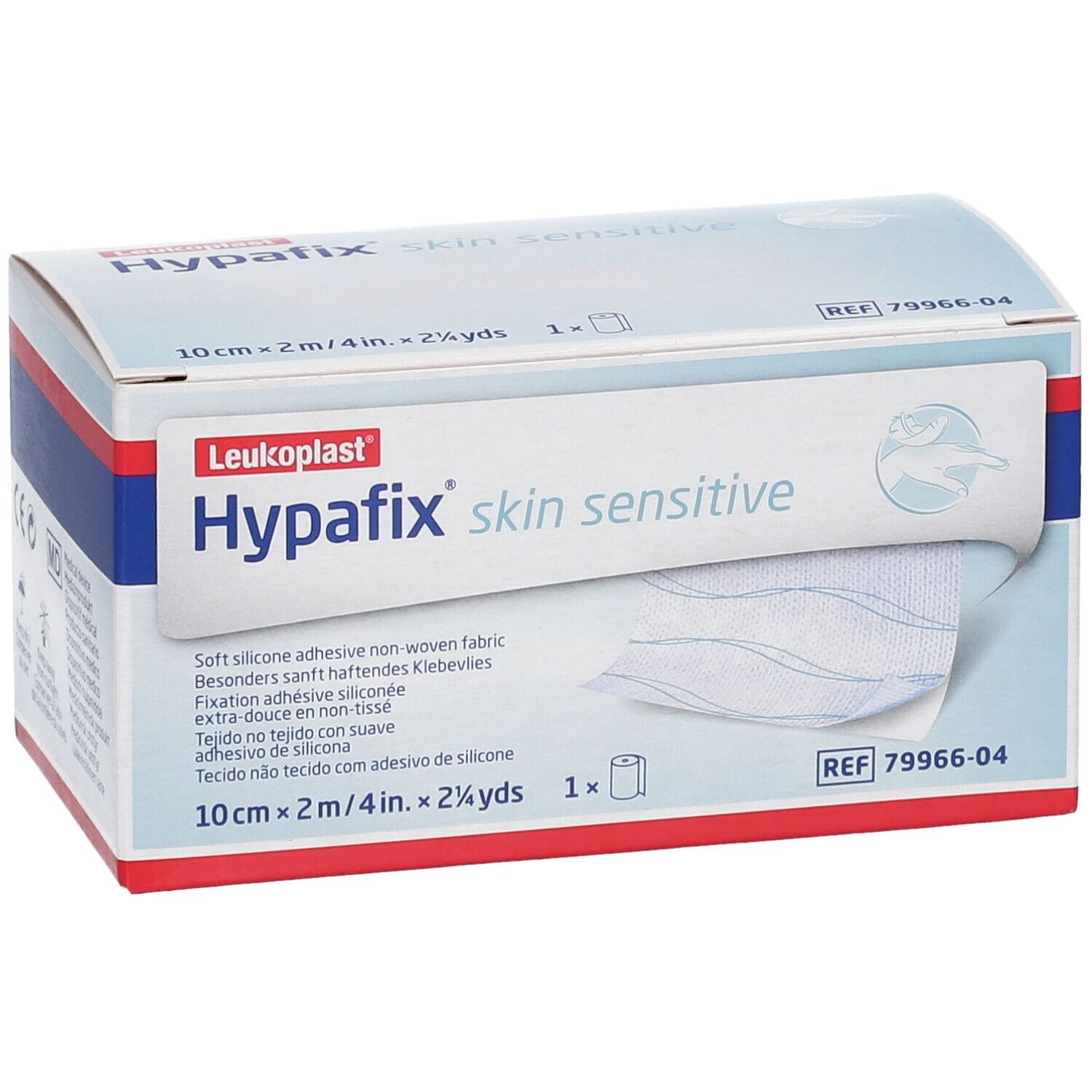 Boîte de Hypafix skin sensitive. Contient 1 rouleau. Inscription : 10 cm x 2 m, adhésif silicone doux.
