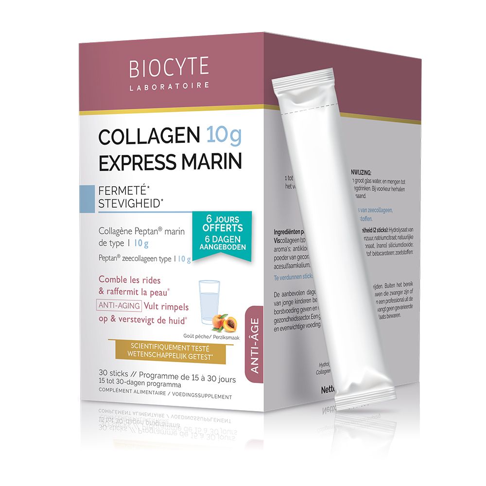 Biocyte Collagen Express marin, anti-âge. Boîte avec 30 sticks + 6 gratuits. Un stick à côté.