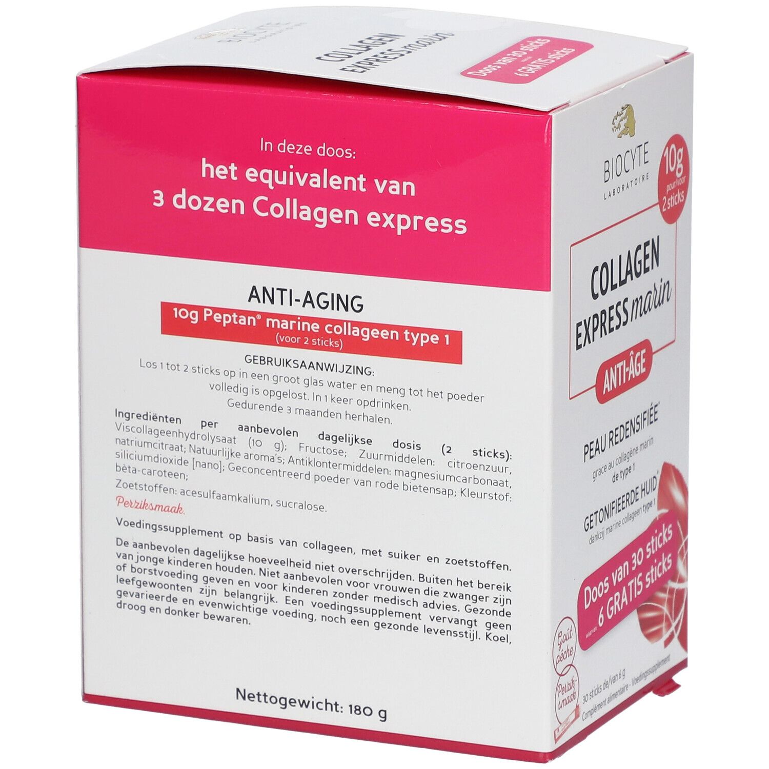 Boîte Biocyte Collagen Express marin, anti-âge. Ingrédients et informations. 10g collagène marin Peptan type 1.