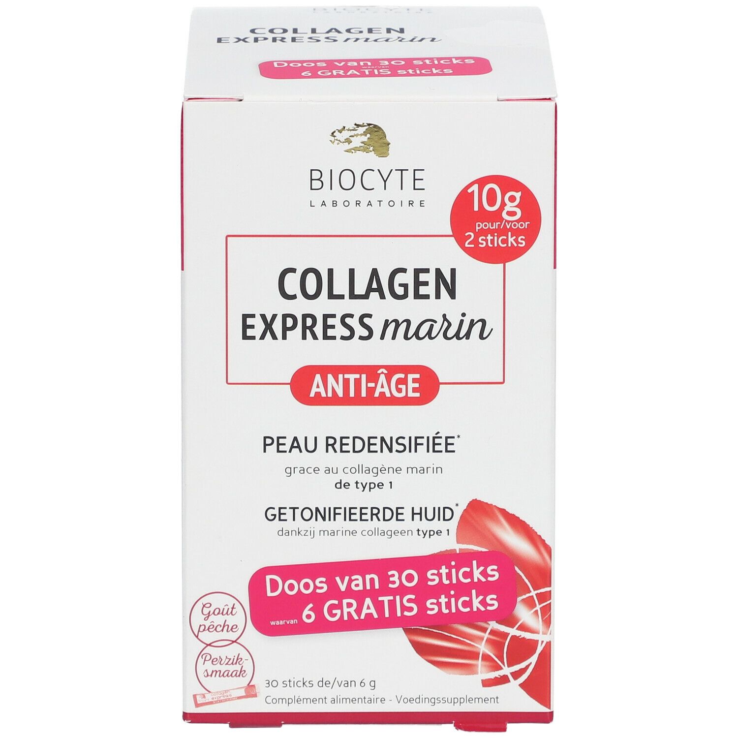 Boîte Biocyte Collagen Express marin, anti-âge. Contient 30 sticks + 6 gratuits. 10g pour 2 sticks.