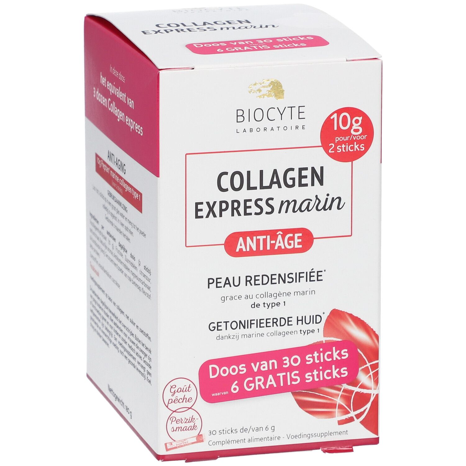 Boîte Biocyte Collagen Express marin, anti-âge. Contient 30 sticks + 6 gratuits. 10g pour 2 sticks.