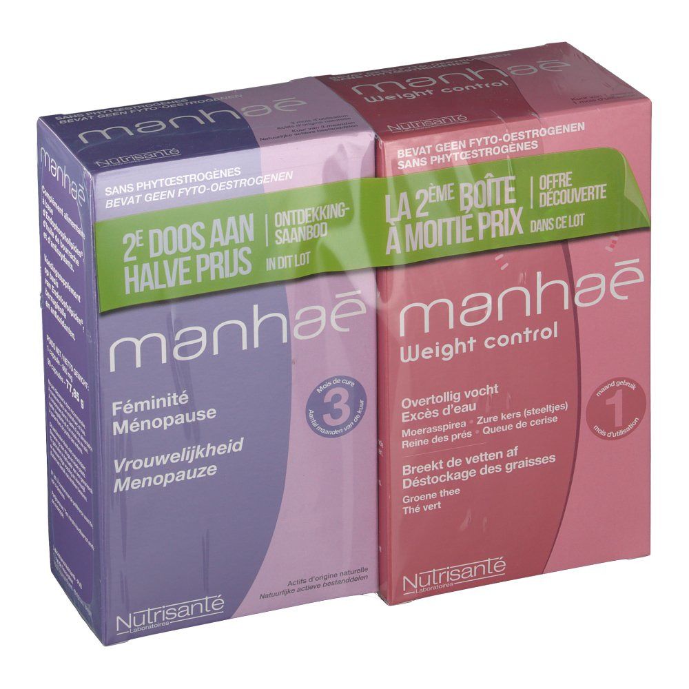 Deux boîtes Manhaé : Ménopause et Weight Control. Violet et rose. Texte : 2ème boîte à moitié prix. Nutrisanté.