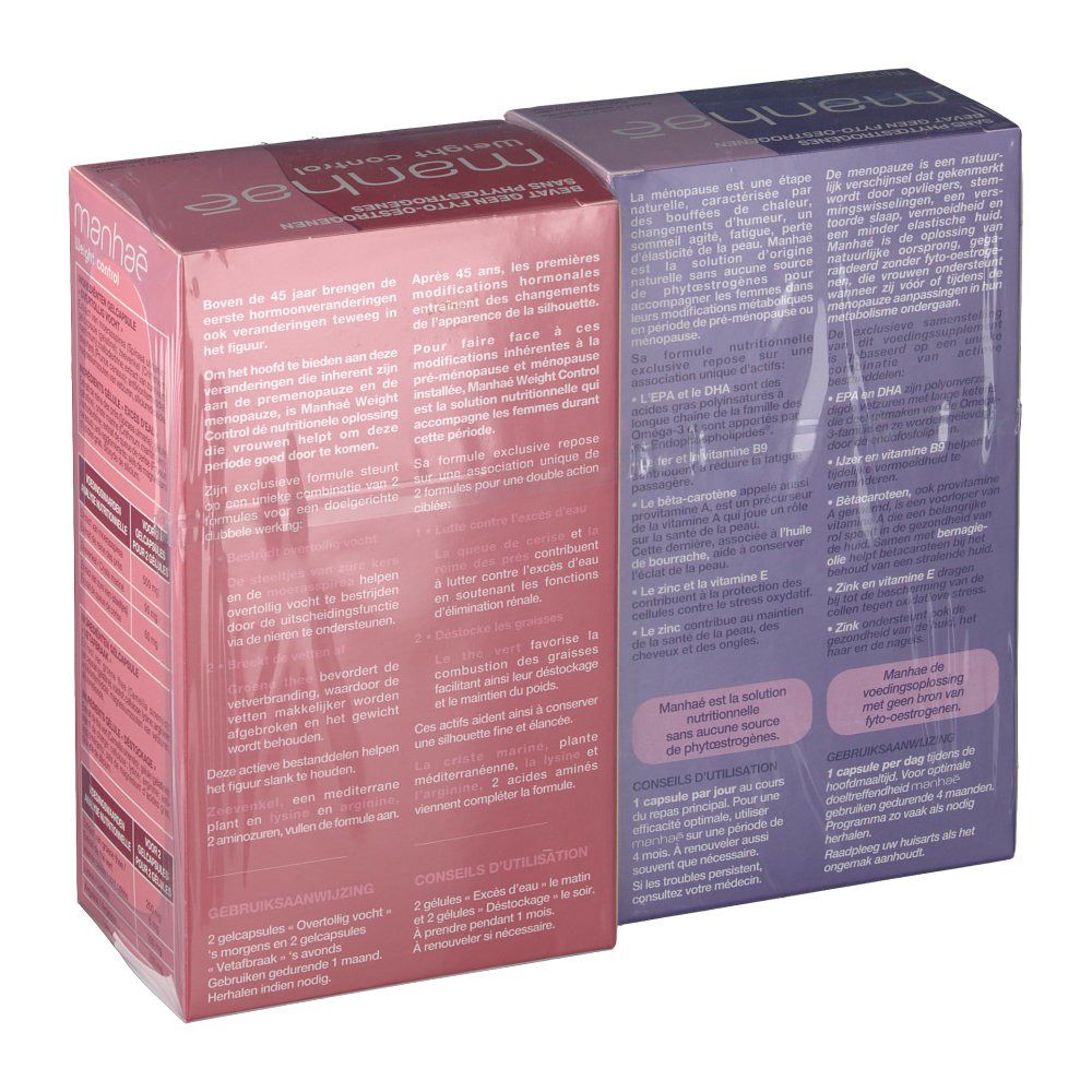 Dos de deux boîtes Manhaé : Ménopause et Weight Control. Violet et rose. Texte et ingrédients.