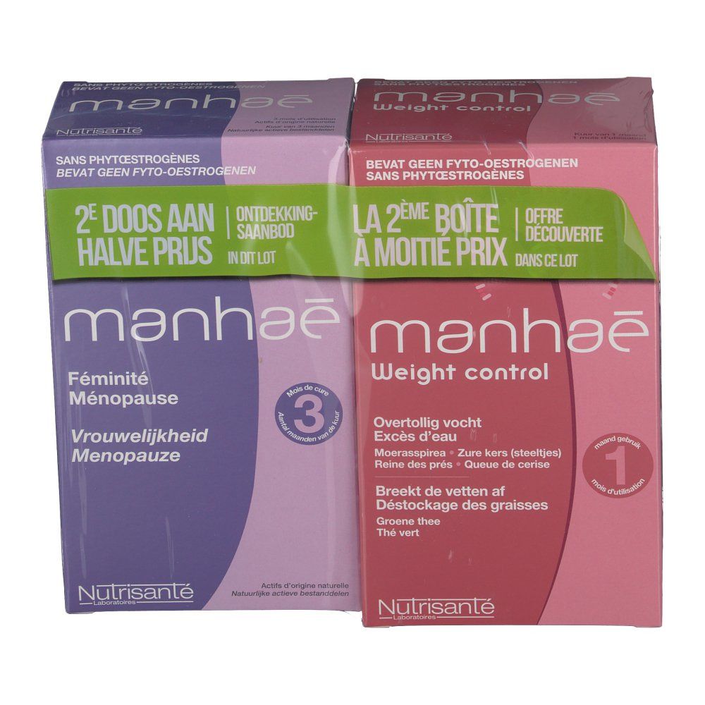 Deux boîtes Manhaé : Ménopause et Weight Control. Violet et rose. Texte : 2ème boîte à moitié prix. Nutrisanté.