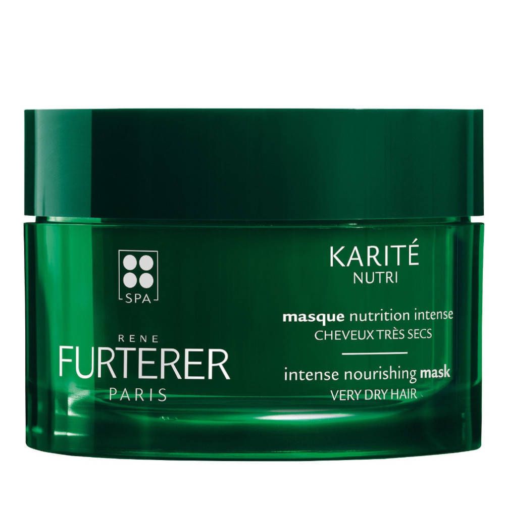 Pot vert avec couvercle noir. Inscription : KARITÉ NUTRI, masque nutrition intense, CHEVEUX TRÈS SECS, intense nourishing mask, VERY DRY HAIR.