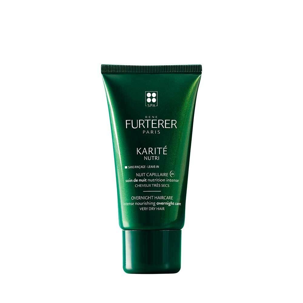 Grüne Tube mit Schriftzug RENE FURTERER PARIS KARITÉ NUTRI. Nachtpflege für sehr trockenes Haar.